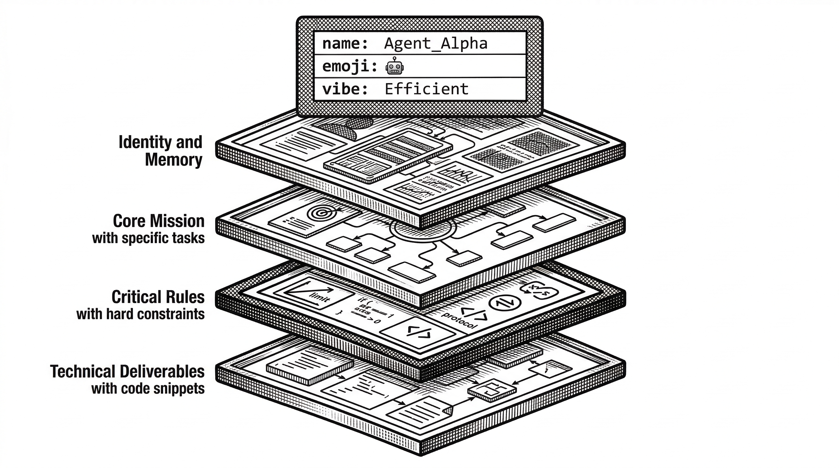An exploded view of a single agent file showing its layered structure. At the top a YAML frontmatter block with name, emoji, and vibe fields. Below that four labeled sections stacked vertically: Identity and Memory, Core Mission with specific tasks, Critical Rules with hard constraints, and Technical Deliverables with code snippets. Each section has distinct crosshatched borders.