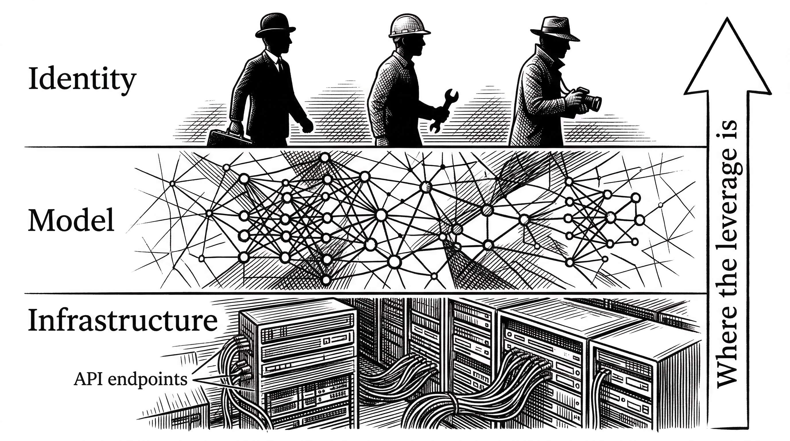 Three horizontal strata. The bottom layer is labeled Infrastructure showing server racks and API endpoints. The middle layer is labeled Model showing neural network nodes. The top layer is labeled Identity showing distinct character silhouettes each wearing different hats and holding different tools. An arrow on the right points upward with the text Where the leverage is.