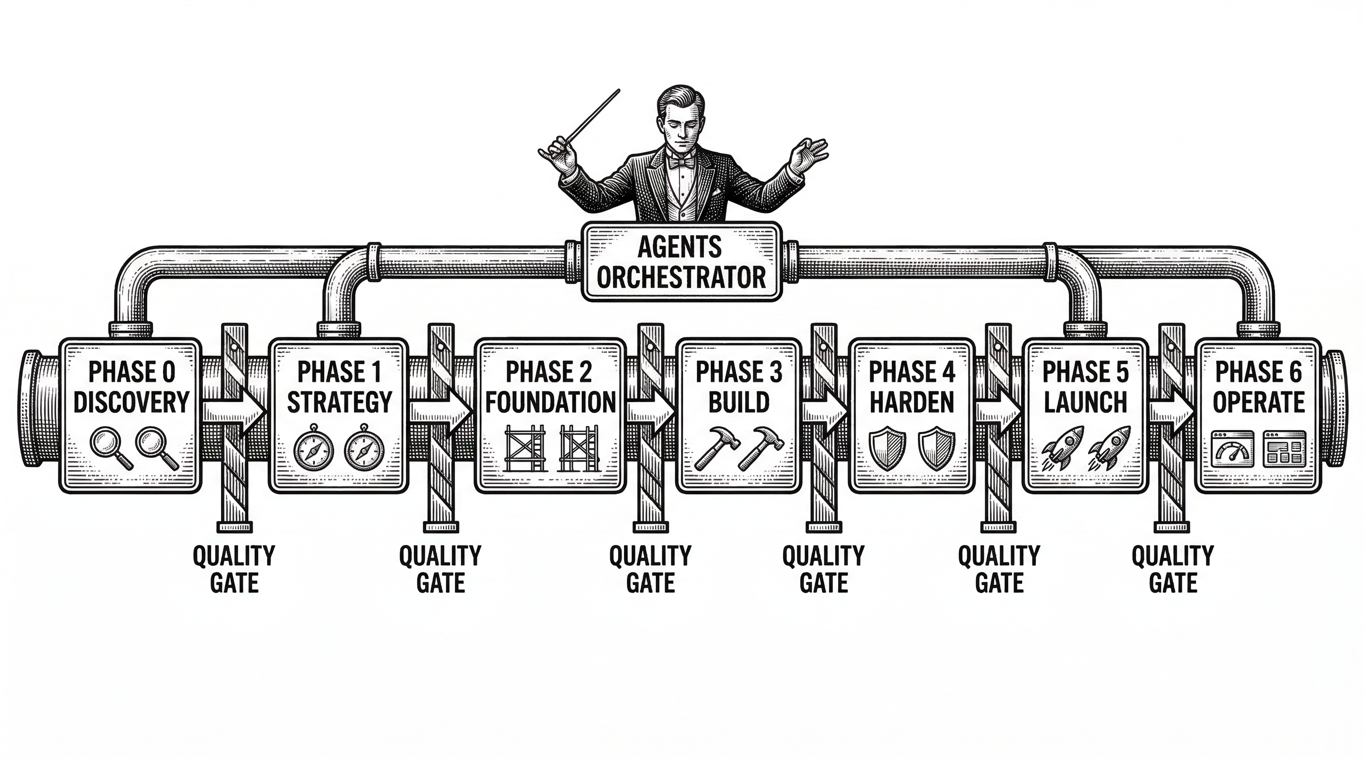 A horizontal pipeline diagram showing seven phases connected by arrows. Each phase is a labeled box containing small icons representing the agents assigned to it. Between each phase a gate barrier labeled Quality Gate blocks advancement. A central conductor figure labeled Agents Orchestrator oversees the entire flow from above.