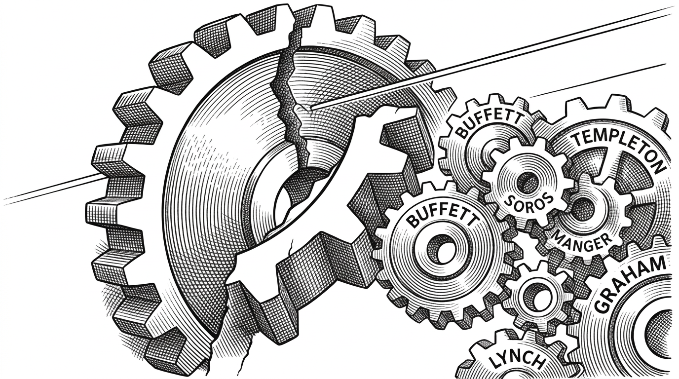 Extreme close-up of a cracked gear representing a flawed single-model decision. A thin firewall line contains the crack while multiple smaller gears labeled with investor names turn smoothly on the right side of the image.