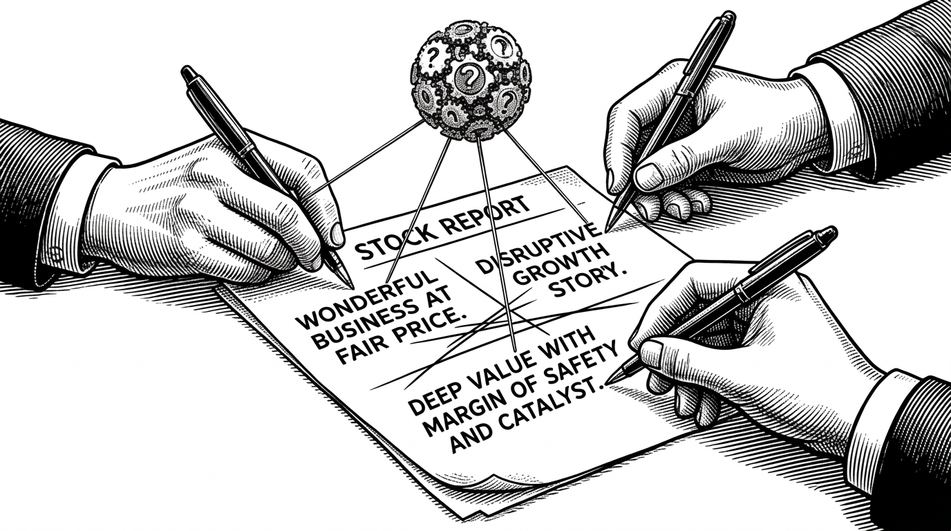 Three distinct hands writing conflicting notes on the same stock analysis report. One hand writes 'wonderful business at a fair price,' another 'disruptive growth at any valuation,' and the third 'deep value with margin of safety and catalyst.' Taut threads connect each note to a central decision node.