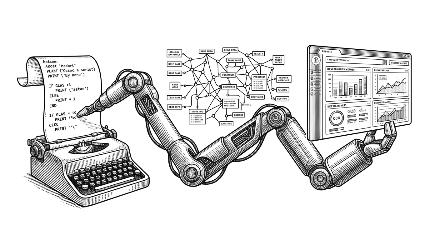 A mechanical arm evolving across three connected stages from left to right. The left shows a simple Python script unspooling from a typewriter. The middle shows the script growing into a complex node graph. The right shows the polished modern dashboard interface. Line density and precision increase across the stages.
