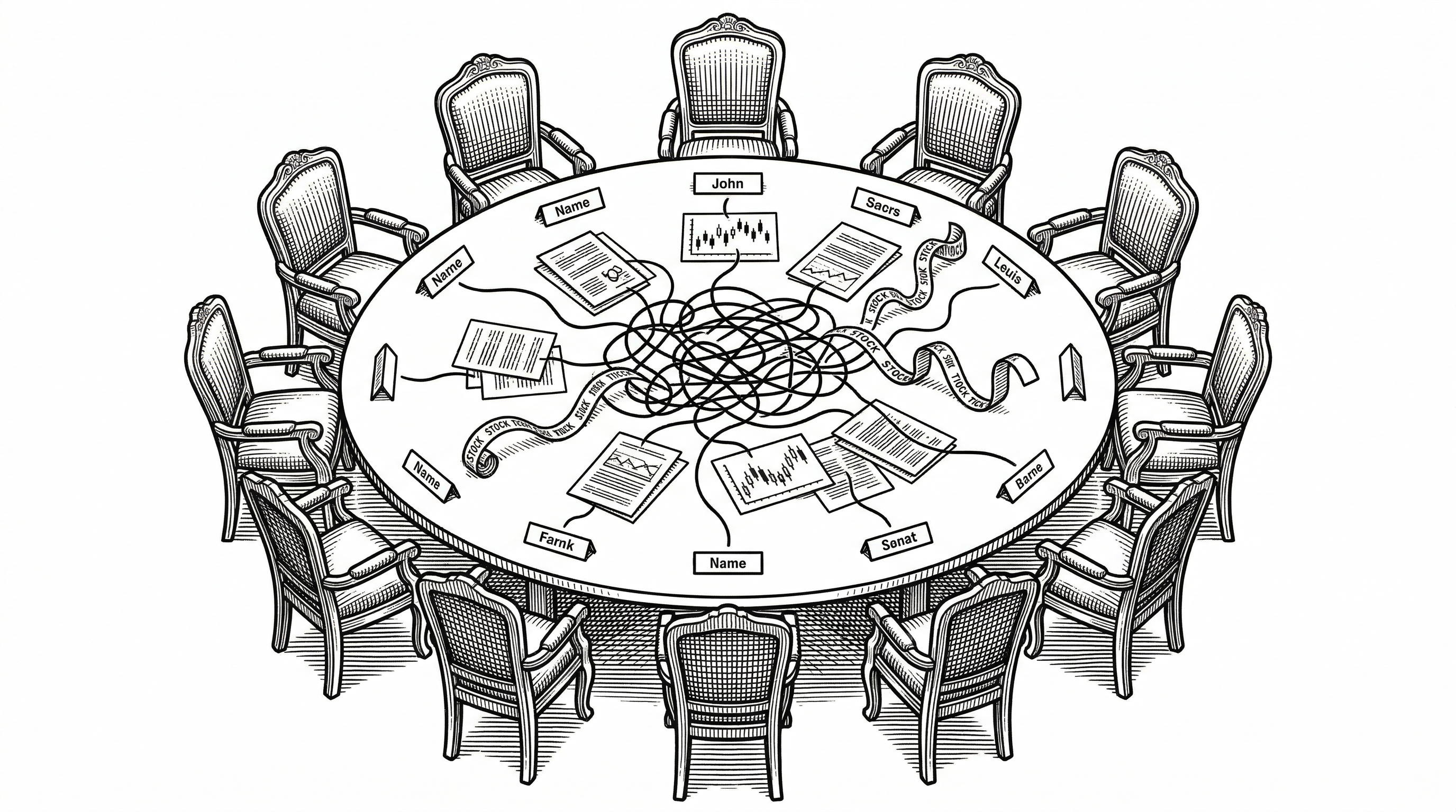 Editorial illustration of a circular conference table with empty chairs and tangled threads connecting financial documents
