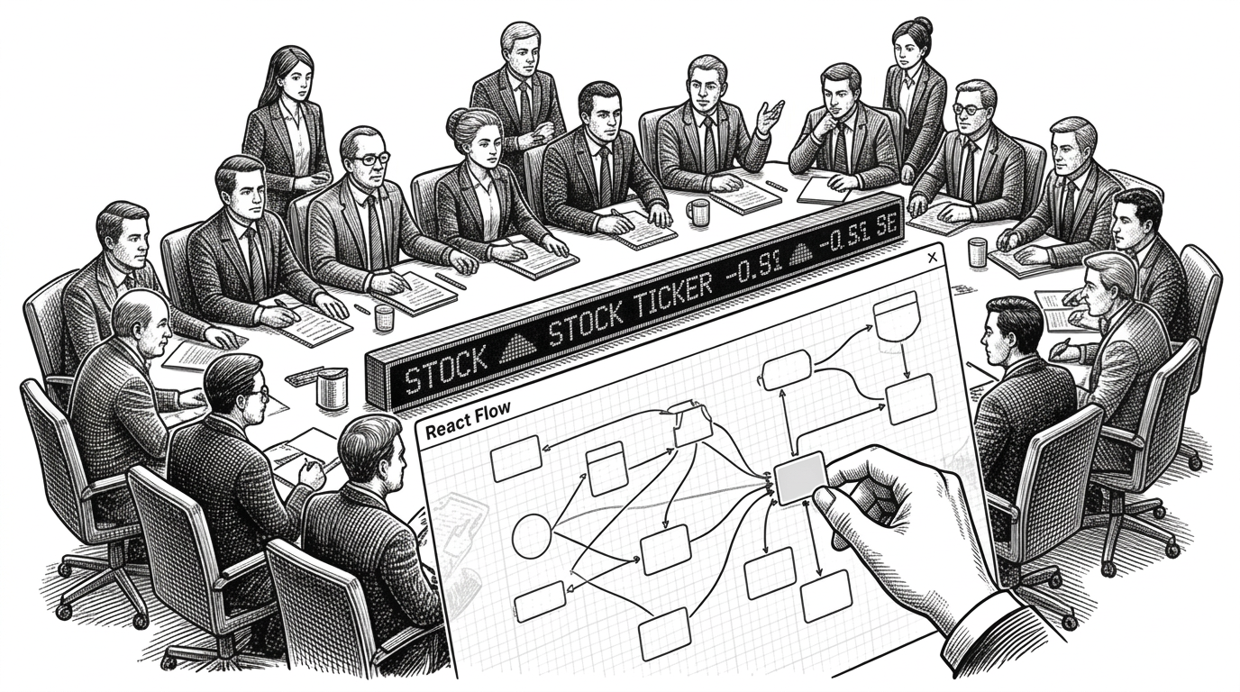A bustling trading floor with 18 stylized investor portraits seated around a central table debating over a glowing stock ticker. A large transparent React Flow canvas overlays the scene with draggable nodes and edges connecting the figures. A human hand is shown dragging one node into position.