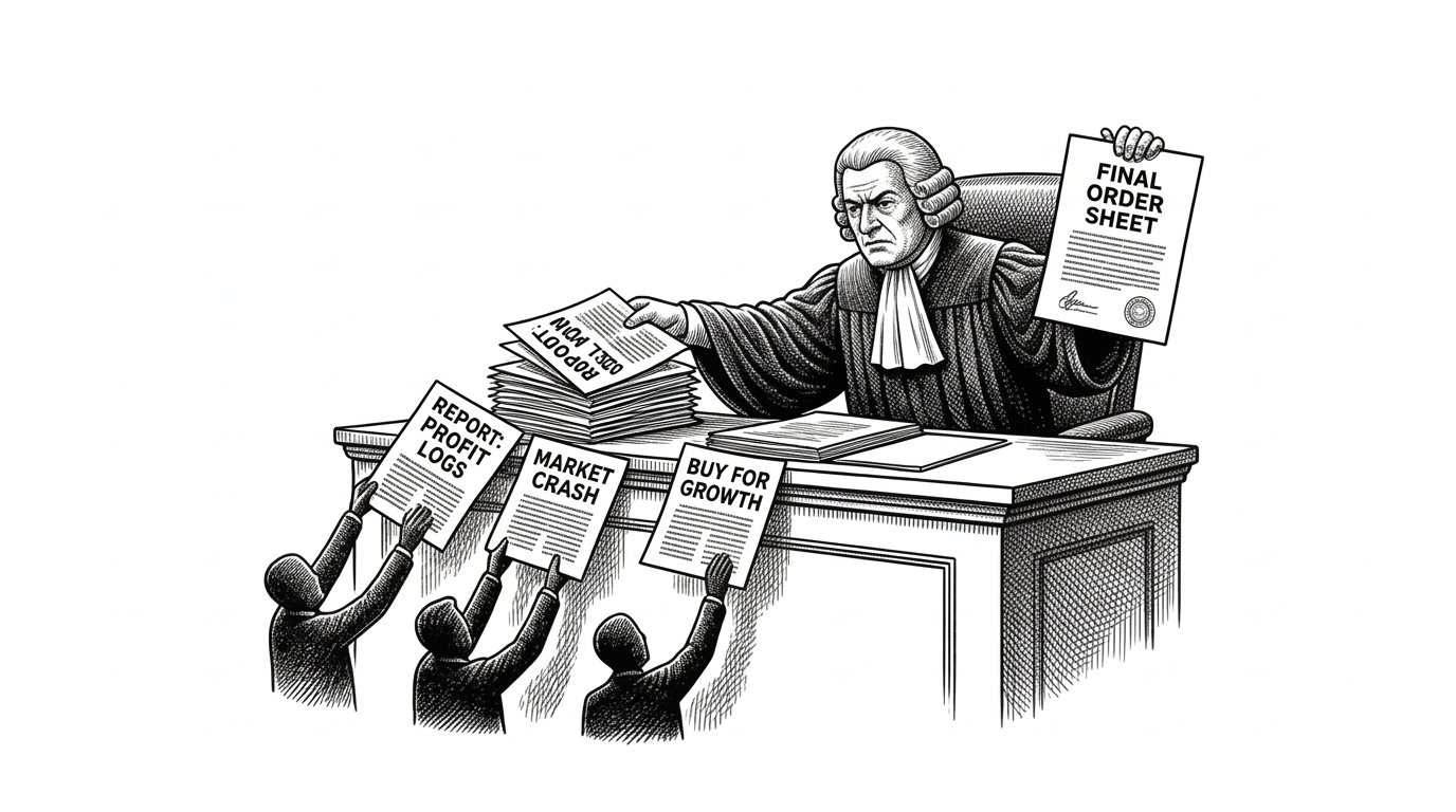 A single authoritative judge figure seated at a bench receiving contradictory report stacks from stylized investor silhouettes and issuing one clean, synthesized order sheet.