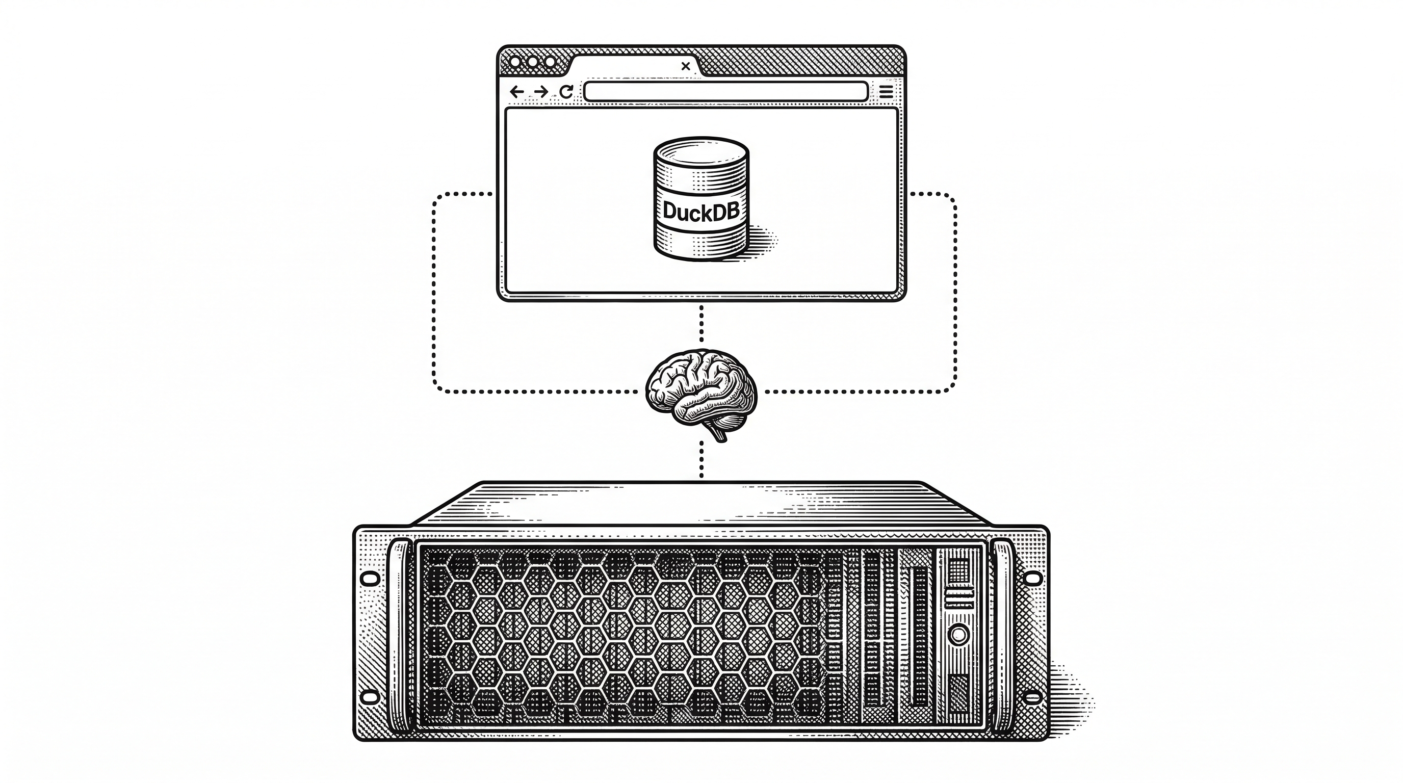 Two layers stacked vertically. The top layer shows a browser window containing a small database icon labeled DuckDB-WASM. The bottom layer shows a server rack with a vector database. Dotted lines connect both to a central brain icon.