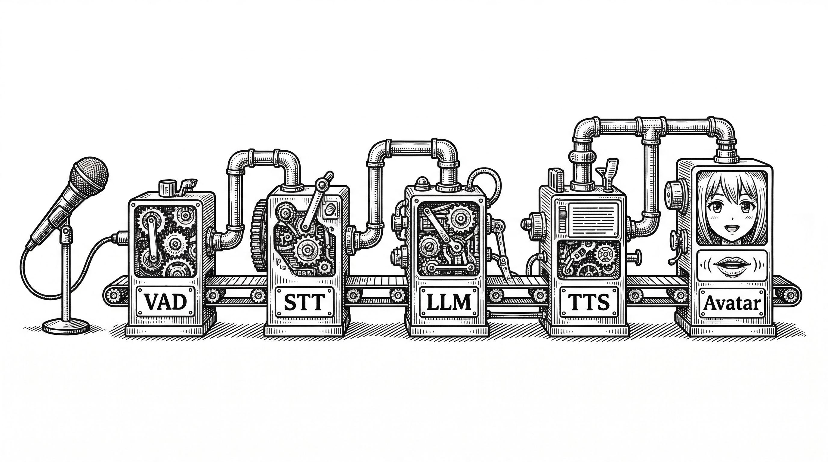 A horizontal flow diagram showing microphone input flowing through VAD, STT, LLM, TTS, and finally to avatar lip sync. Each stage is a distinct station connected by lines.