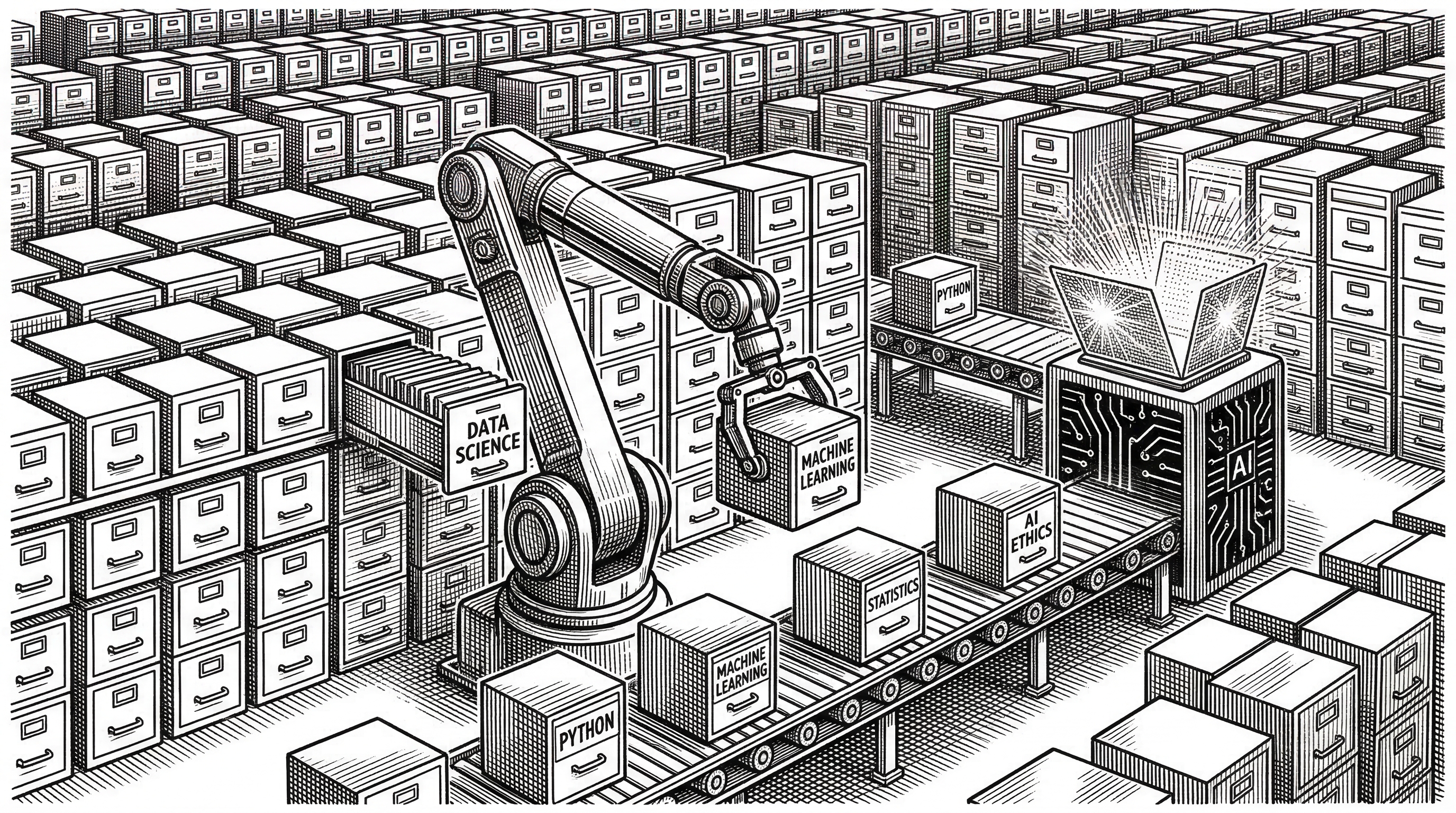 A large warehouse with hundreds of small filing cabinets. A robotic arm picks specific cabinets and places them on a conveyor belt that leads to a glowing AI agent workstation. Most cabinets remain in storage. The few on the belt are labeled with skill names.