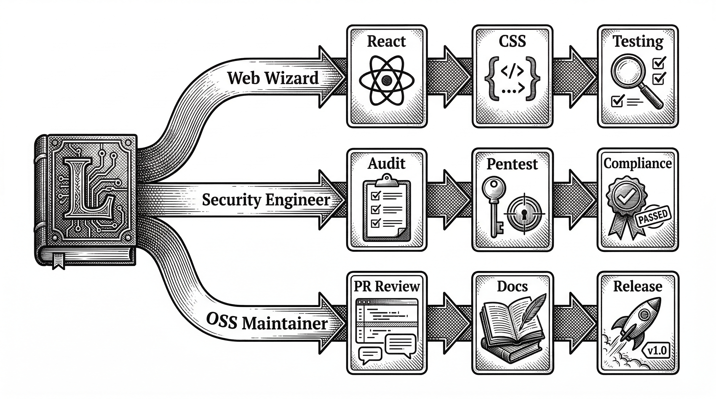Three parallel tracks showing different bundle paths. The Web Wizard track shows skills flowing from React to CSS to Testing. The Security Engineer track shows skills flowing from Audit to Pentest to Compliance. The OSS Maintainer track shows skills flowing from PR Review to Docs to Release. All three tracks start from a single skill library icon on the left.