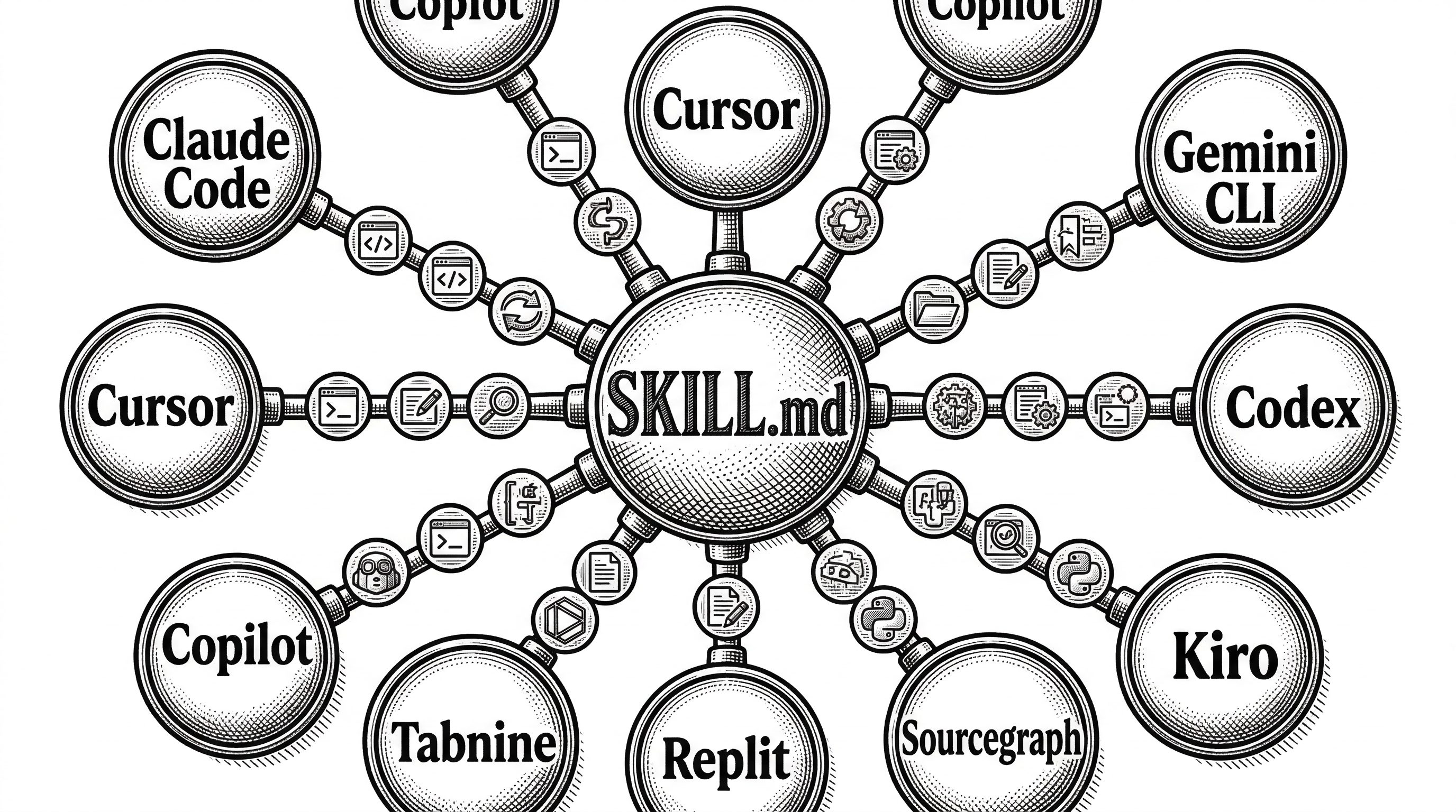 A central hub labeled SKILL.md radiates spokes outward to logos representing Claude Code, Cursor, Gemini CLI, Codex, Kiro, and other tools. Each spoke carries small skill cards flowing from the hub to the tool. The overall shape resembles a wheel or network topology.