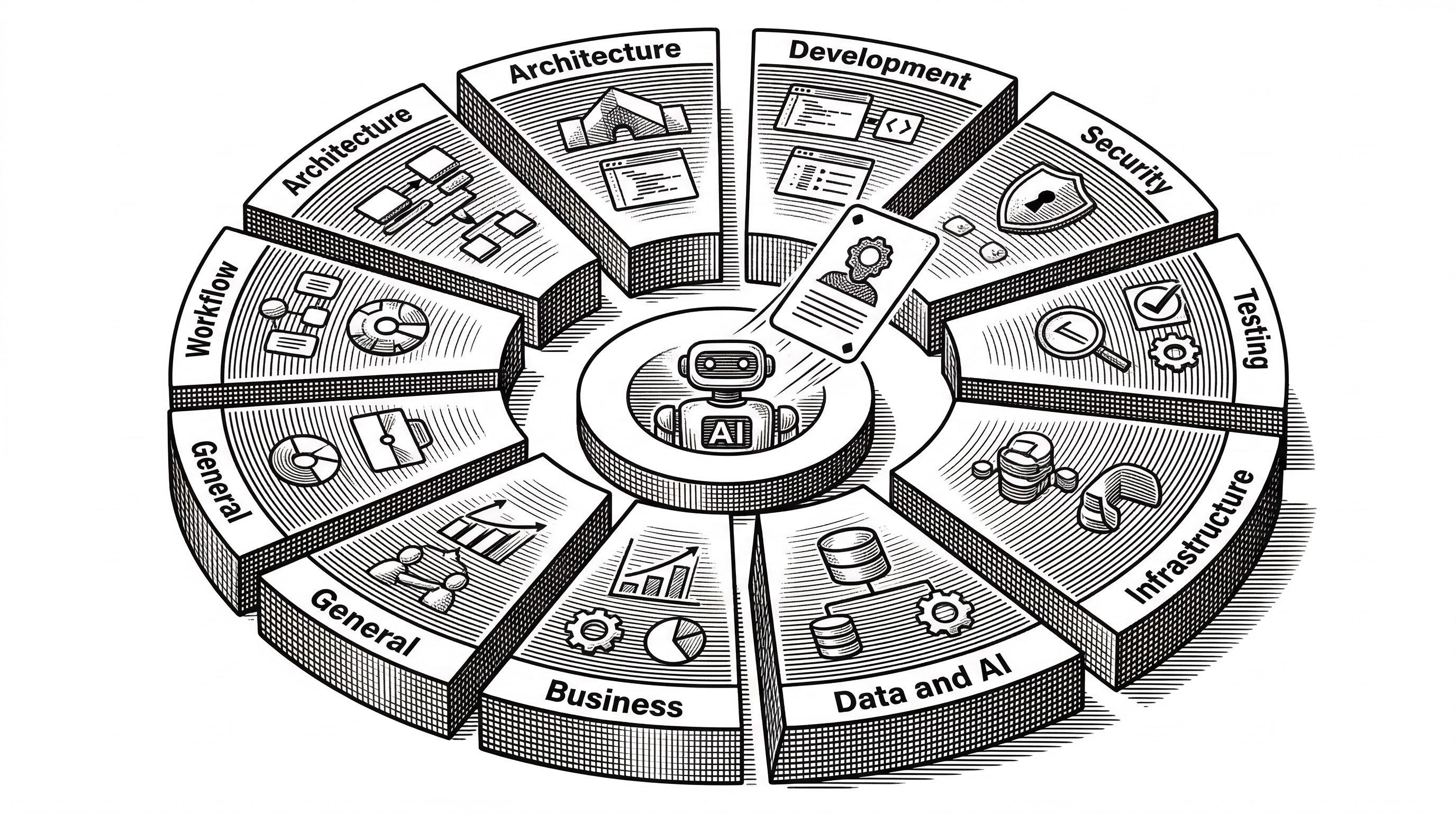 A radial diagram showing nine wedge-shaped domains arranged in a circle. Architecture at the top flows clockwise through Development Security Testing Infrastructure Data and AI Business General and Workflow. Each wedge contains small icons representing specific skills. A skill card flies from the outer ring toward a central AI agent.