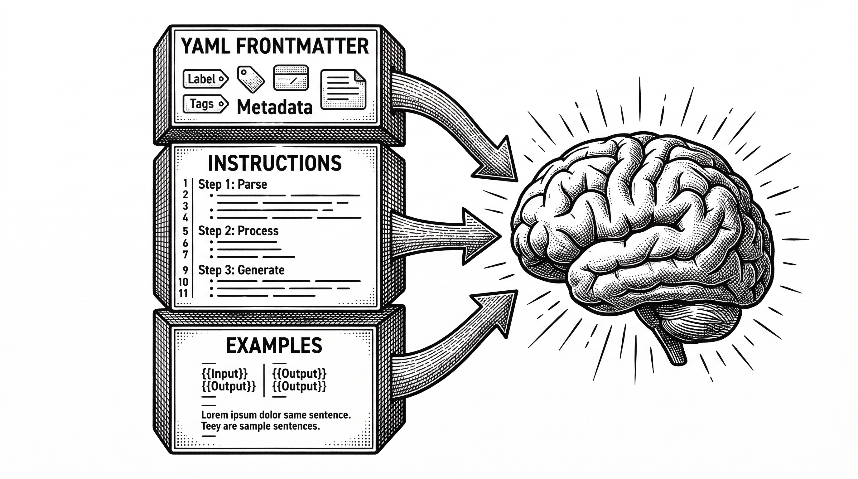 A cross-section diagram showing the three layers of a SKILL.md file. The top layer shows YAML frontmatter with tags and triggers. The middle layer shows instructions as numbered steps. The bottom layer shows example outputs. All three layers connect via arrows to an AI agent brain on the right.
