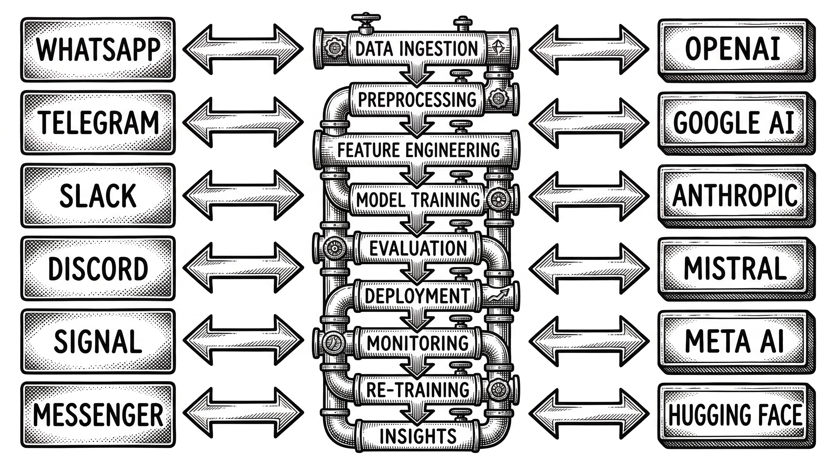 A three-column architecture diagram. Left column shows stacked messaging platform icons labeled Platforms. Center column shows a vertical pipeline with nine stages. Right column shows AI provider logos labeled Providers. Arrows flow from left through center to right and back.