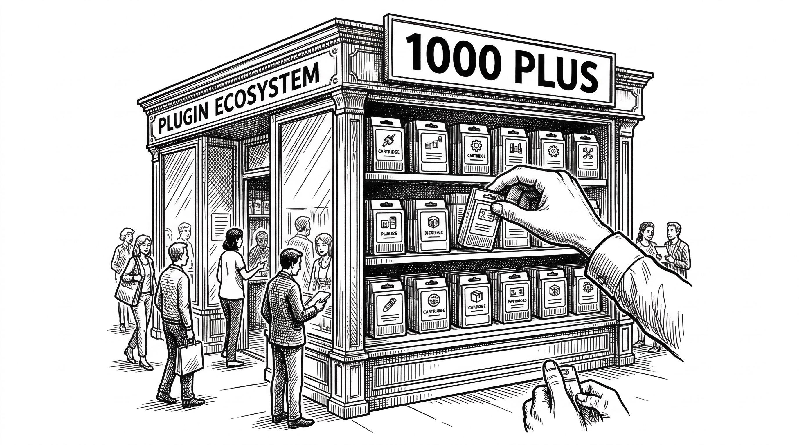 A marketplace storefront metaphor. A large window display shows rows of plugin cartridges on shelves. Each cartridge has a small label. A hand reaches in to grab one. A counter at the top reads 1000 plus.