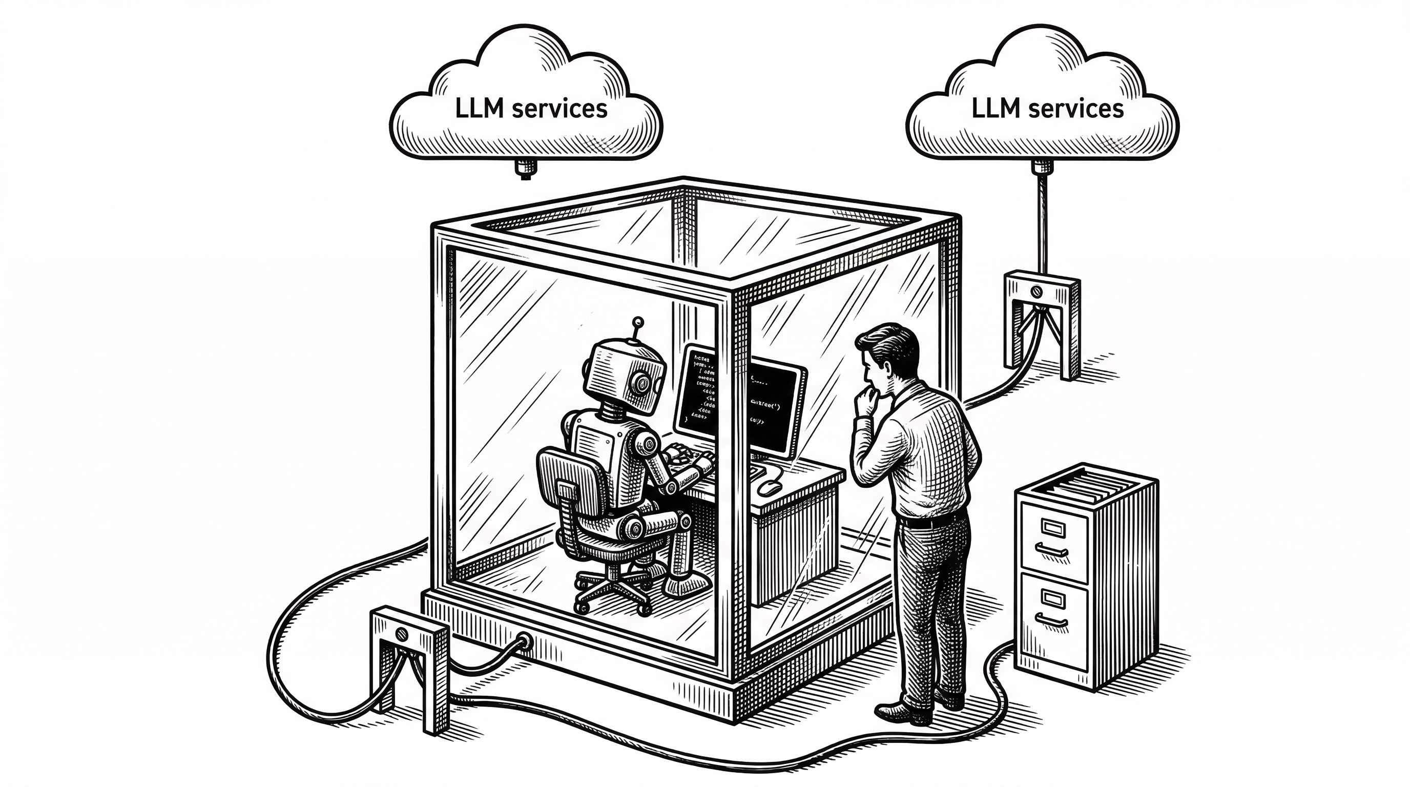 A Docker container drawn as a sealed glass box. Inside, a small robot executes code on a terminal. Outside, an operator watches through the glass. Cables connect the box to an LLM cloud above and a file system below, but the connections pass through policy checkpoints.
