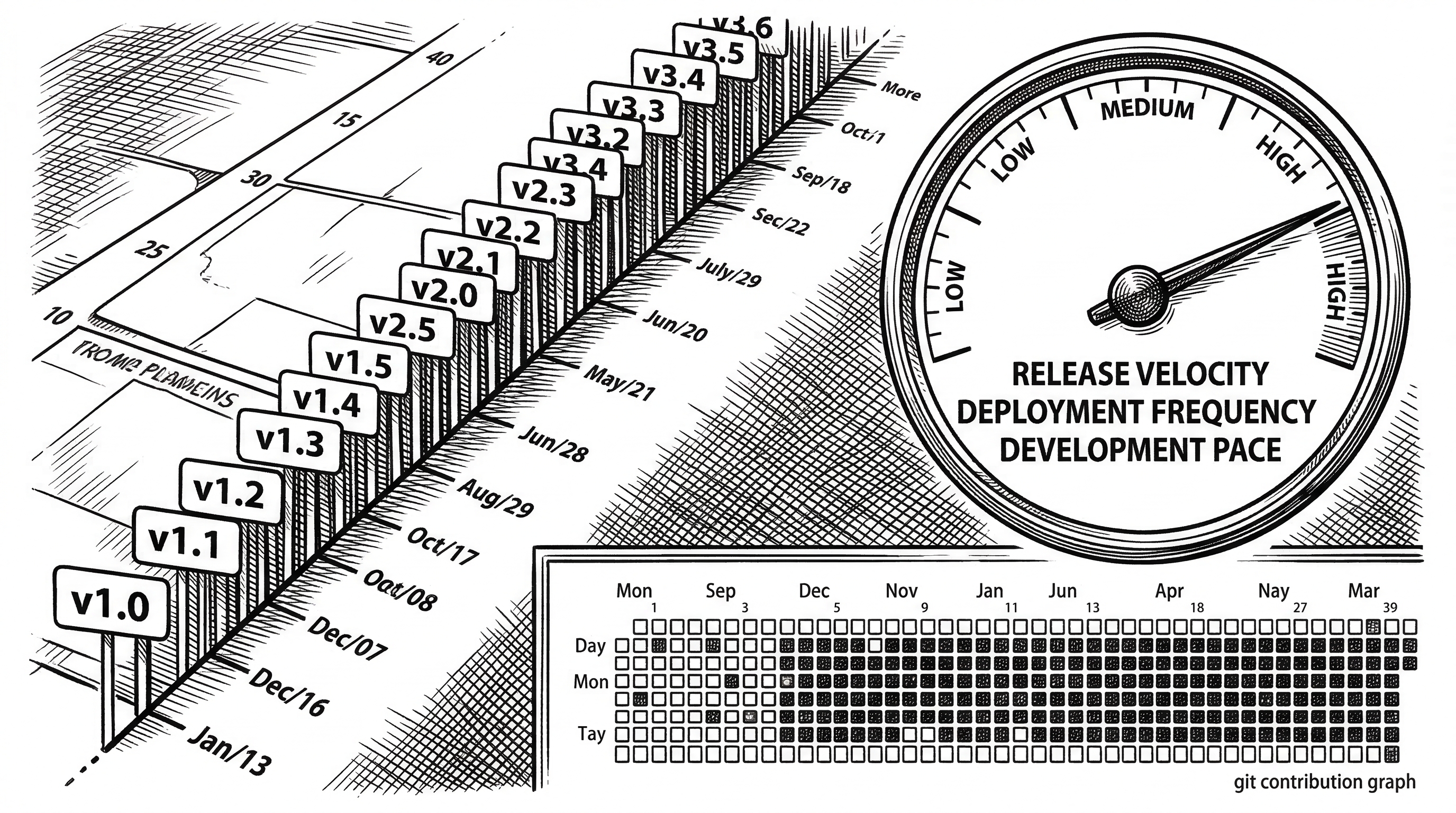 A calendar or timeline showing rapid release dates stacked closely together. A speedometer gauge points to the high end. Git commit graphs show dense activity.