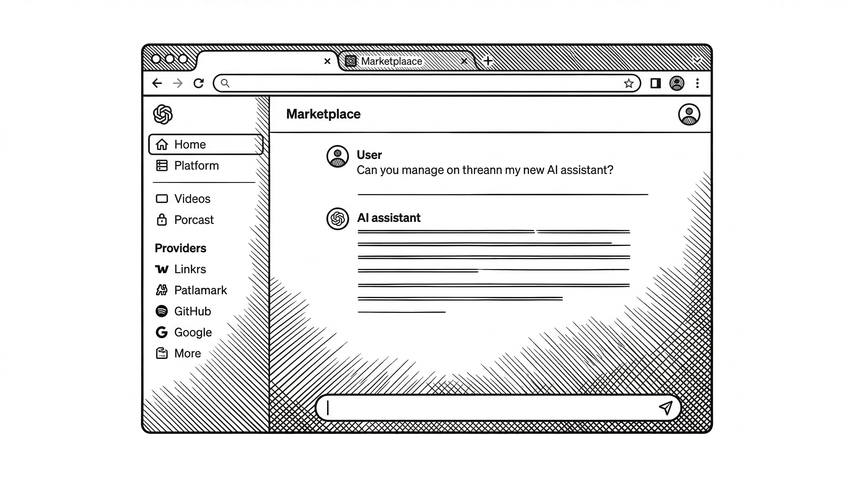 A browser window showing a clean dashboard interface. The left sidebar lists platforms and providers. The main panel shows a conversation thread with an AI assistant. A plugin marketplace tab is visible at the top.