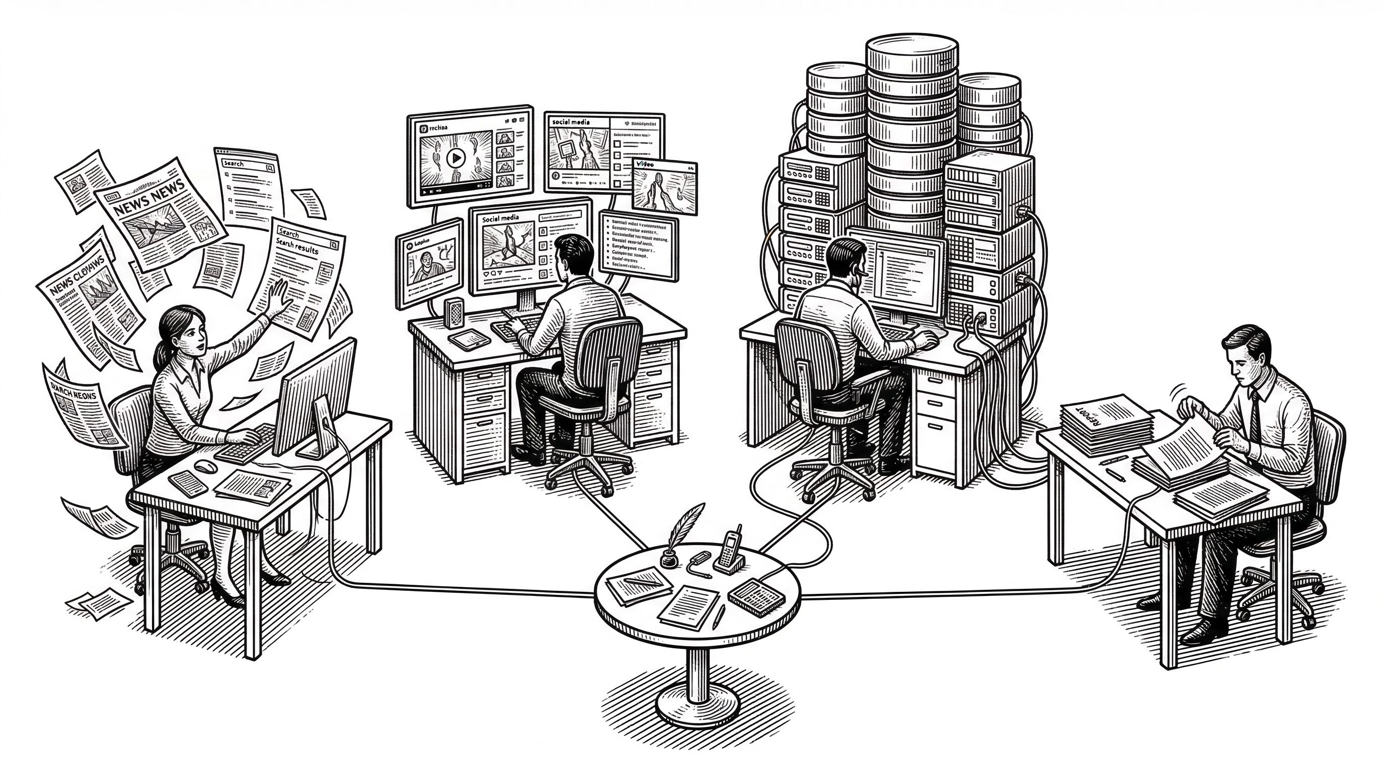 Four distinct workstations arranged in a semicircle. At each station sits a different stylized figure: one surrounded by search results, one watching screens of video content, one connected to a towering database, and one assembling pages of a report. Thin lines connect all four stations to a central roundtable. Black ink crosshatching on white.