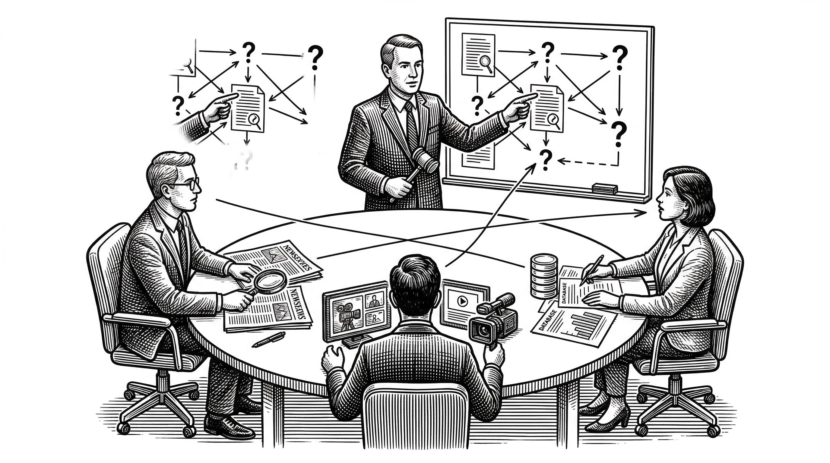 A roundtable scene with three distinct figures seated around a circular table, each with different tools in front of them. Standing at the head of the table is a moderator figure holding a gavel and pointing at a large board showing connected findings with question marks. Lines of debate cross between the seated figures. Black ink crosshatching on pure white background.