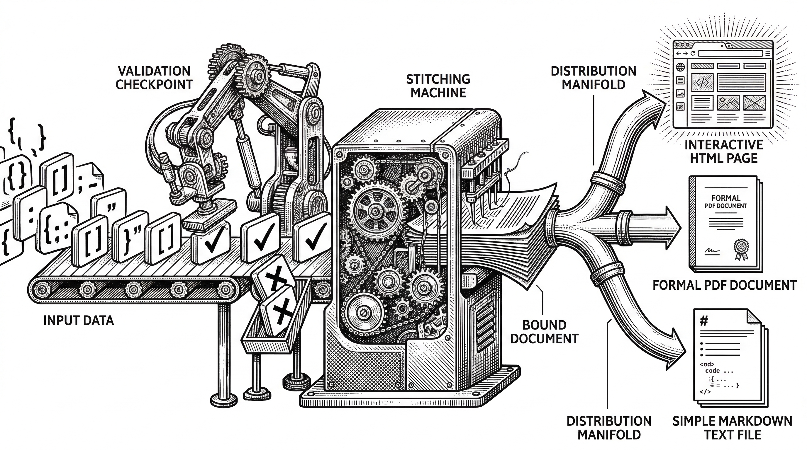 An assembly line viewed from the side. On the left, raw data blocks enter a validation checkpoint with a stamp of approval. In the middle, a stitching machine assembles validated blocks into a bound document. On the right, three output chutes produce an HTML page, a PDF document, and a markdown file. Black ink crosshatching on pure white background.