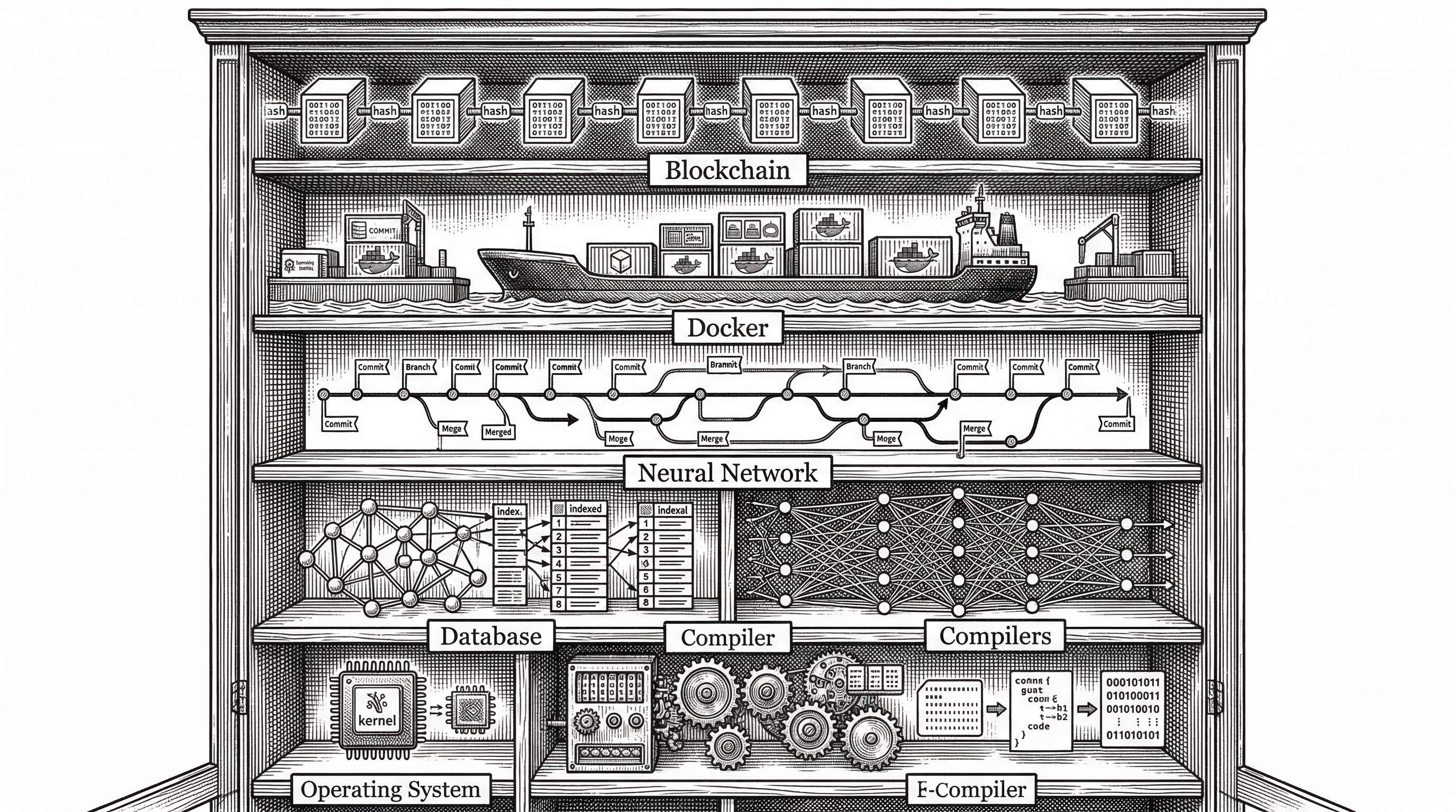 An organized library or museum of technology. Shelves labeled with different categories hold miniature versions of the technologies: a tiny Docker whale, a small Git tree, a neural network web, a blockchain chain, a compiler funnel. Each shelf is neatly labeled and progressively more complex from bottom to top.