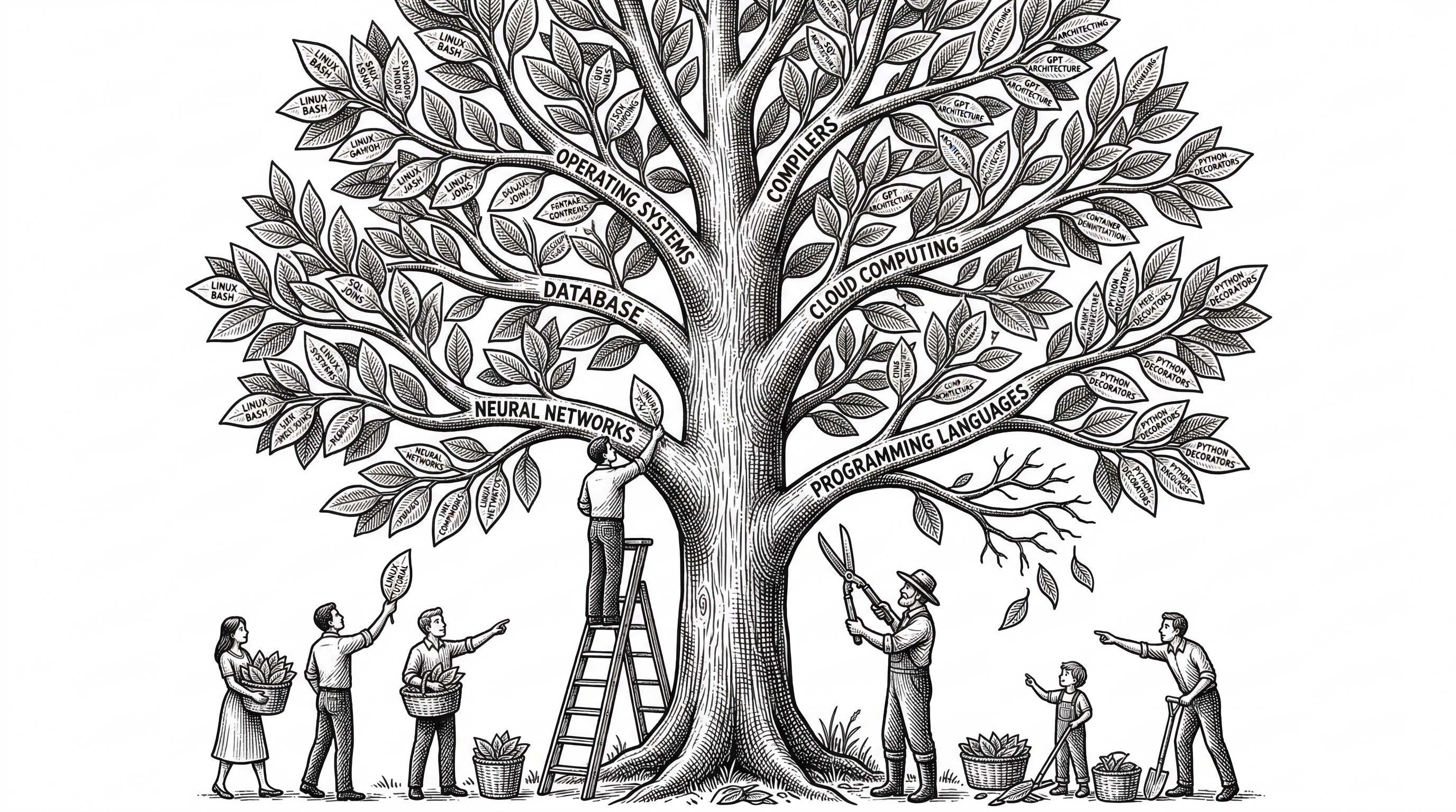 A growing tree where each branch represents a category and each leaf is a tutorial. People at the base of the tree hand new leaves up to those on ladders who attach them to the appropriate branches. A gardener tends the tree, pruning dead branches. The tree is massive and healthy.