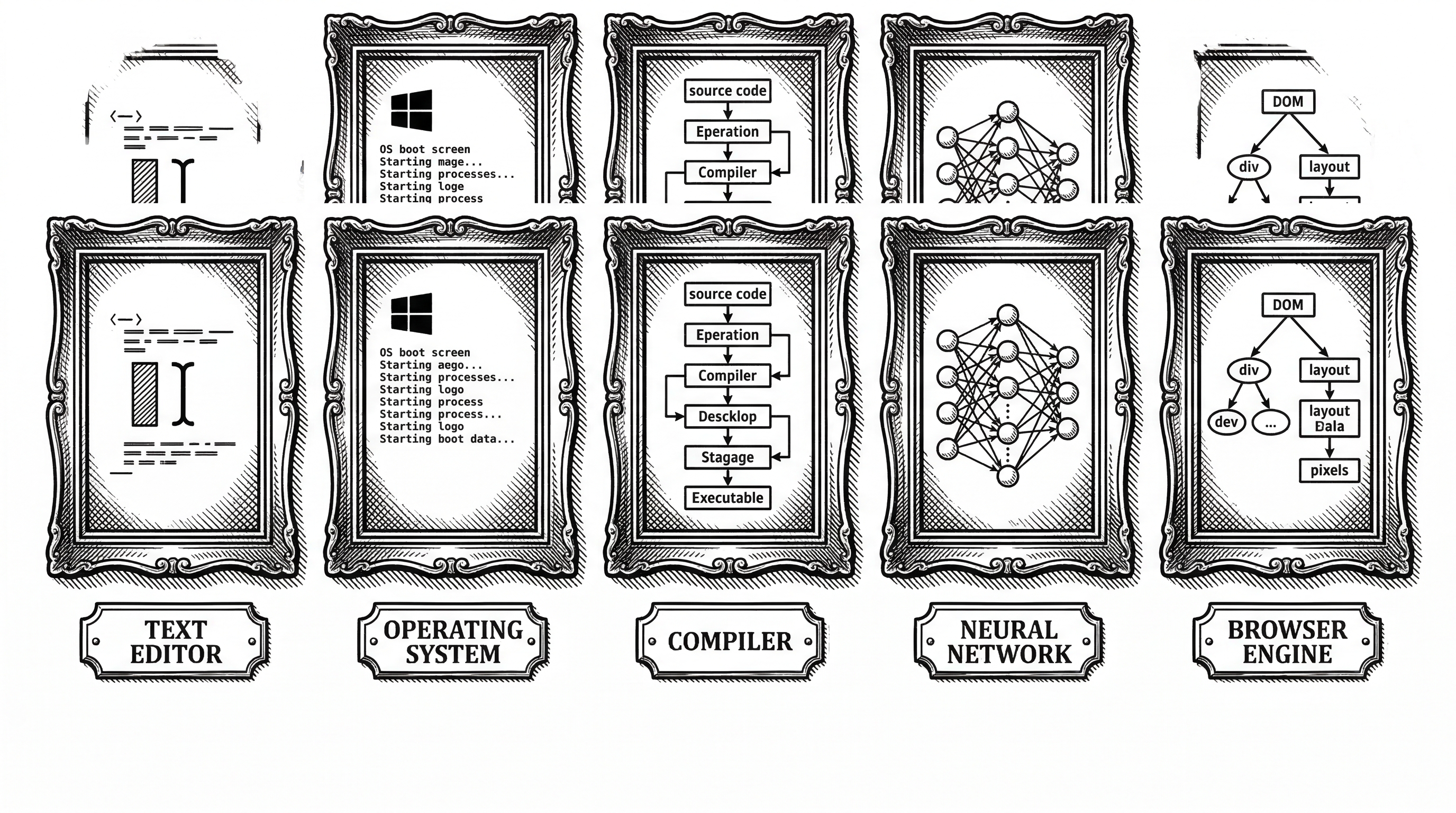 A hall of fame wall with framed achievements. Each frame contains a symbolic representation of a famous tutorial: a text editor cursor blinking, an OS kernel boot screen, a compiler pipeline diagram, a neural network diagram, a browser rendering tree. Gold plaques beneath each frame show the tutorial name.