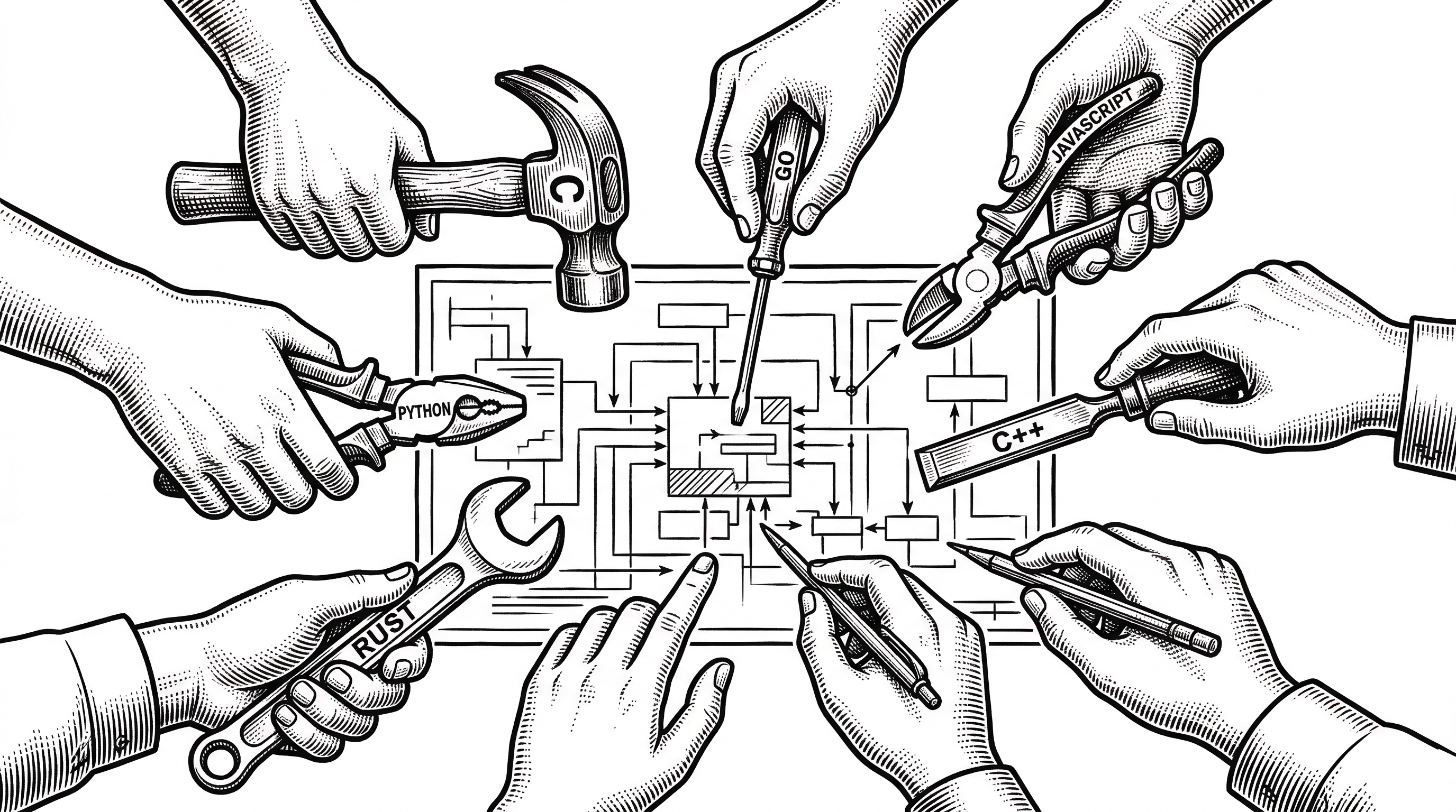 A polyglot feast. Multiple hands reach toward a central project blueprint from different directions. Each hand holds a different tool representing a programming language: a wrench labeled Rust, pliers labeled Python, a hammer labeled C, a screwdriver labeled Go, wire cutters labeled JavaScript. The blueprint in the center shows a generic technology schematic.