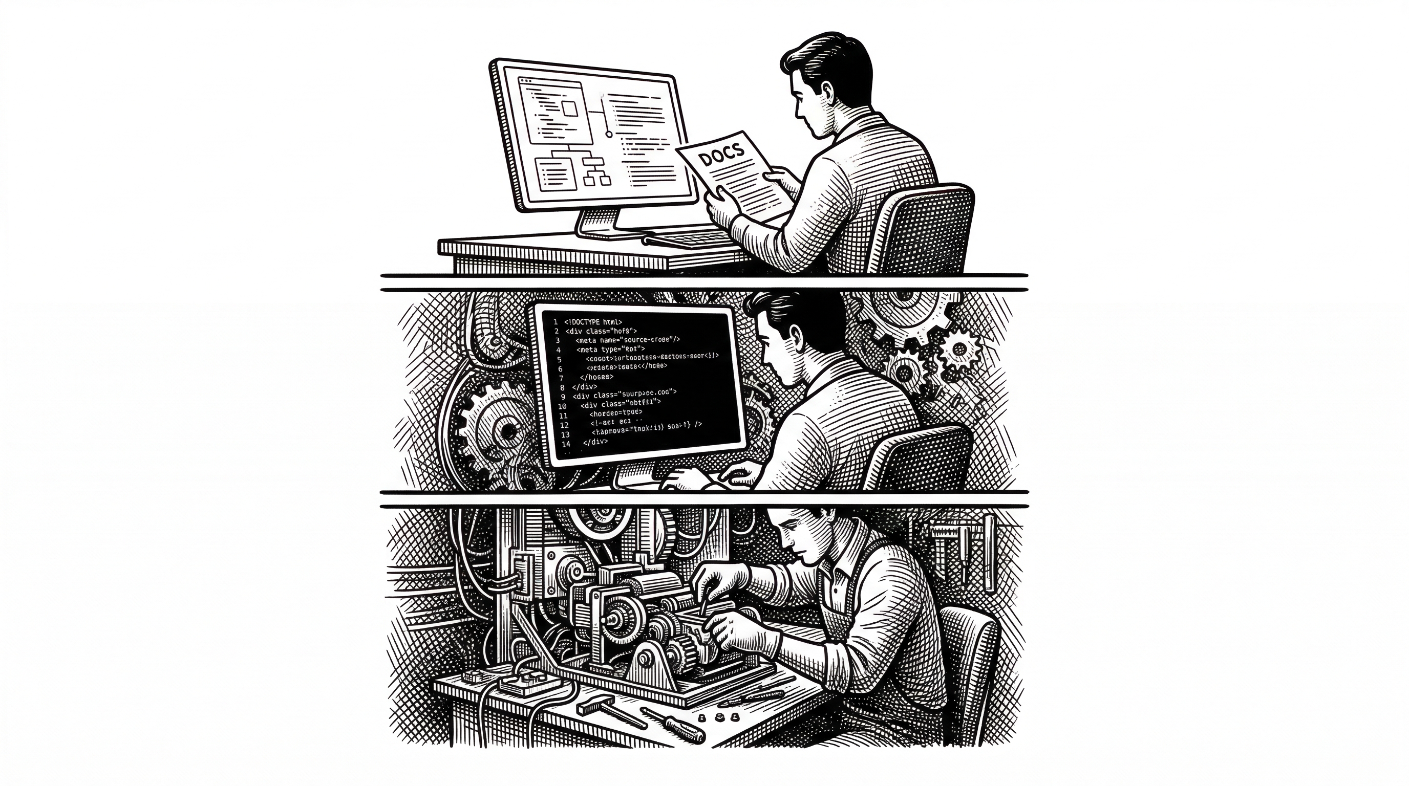 Three levels of understanding depicted as depth. Surface level shows a person reading documentation on a screen. Middle level shows a person reading source code with some gears visible beneath. The deepest level shows a person at a workbench with fully exposed internal mechanisms, building something with their hands. Each level is progressively more detailed and crosshatched.