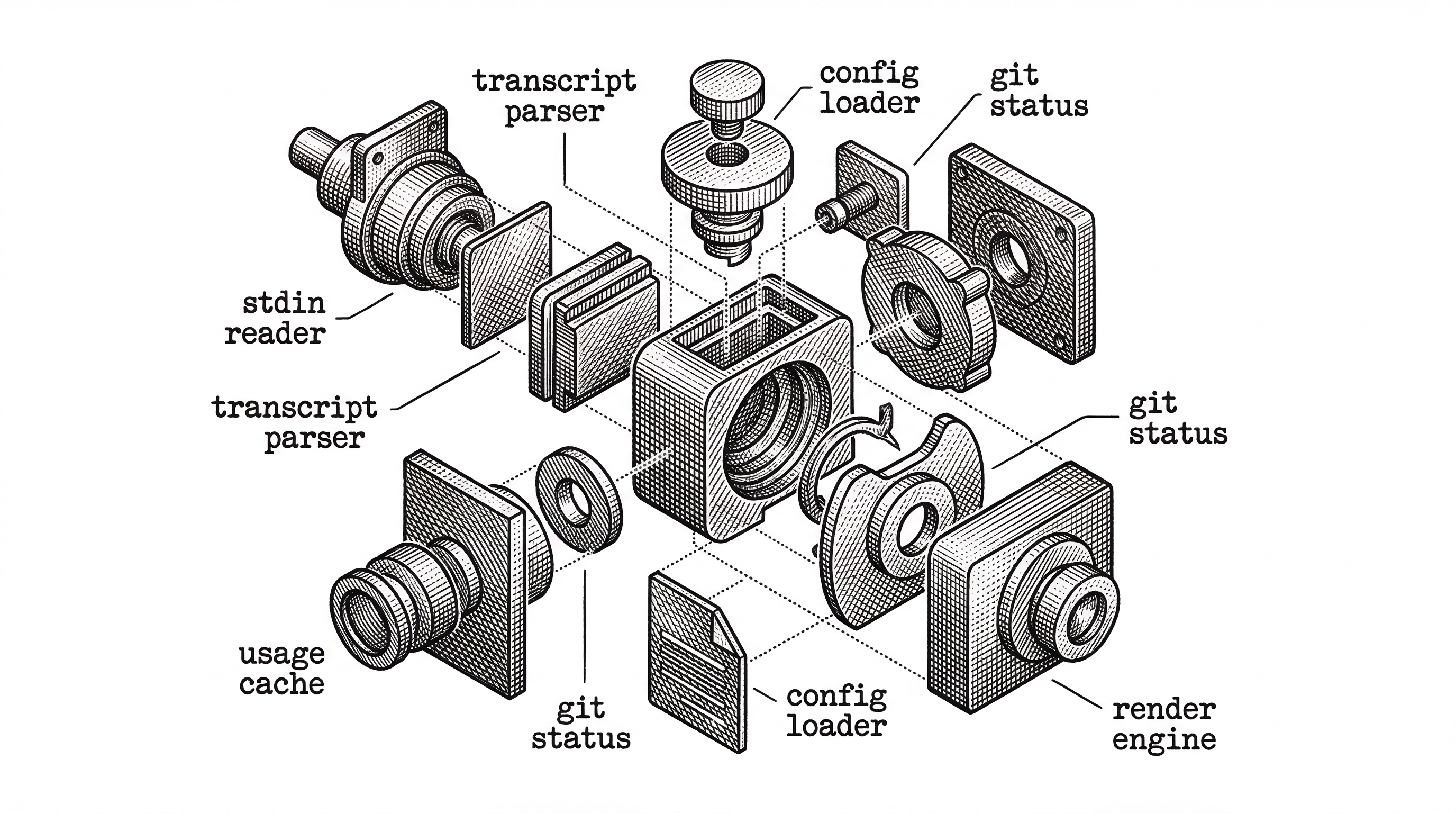 An exploded mechanical diagram showing the internal components of a precision instrument. Labeled parts include stdin reader, transcript parser, usage cache, config loader, git status, and render engine. Clean lines connect each component to its neighbors.