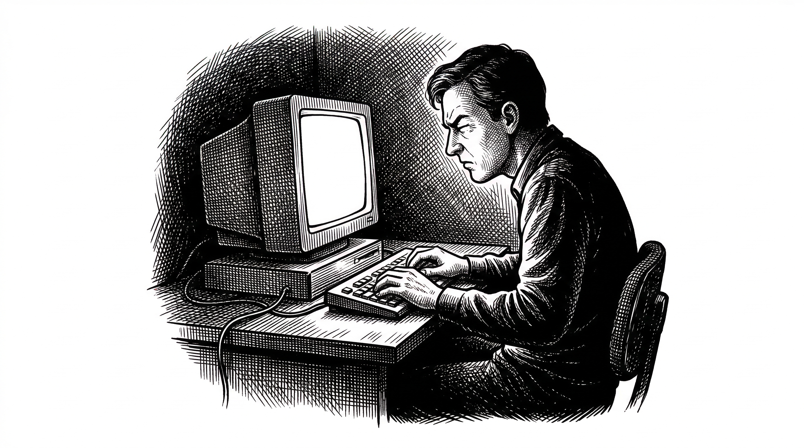 A person typing at a terminal in the dark. The screen glows but there are no indicators or meters visible. The person leans forward squinting. Darkness fills the rest of the frame.