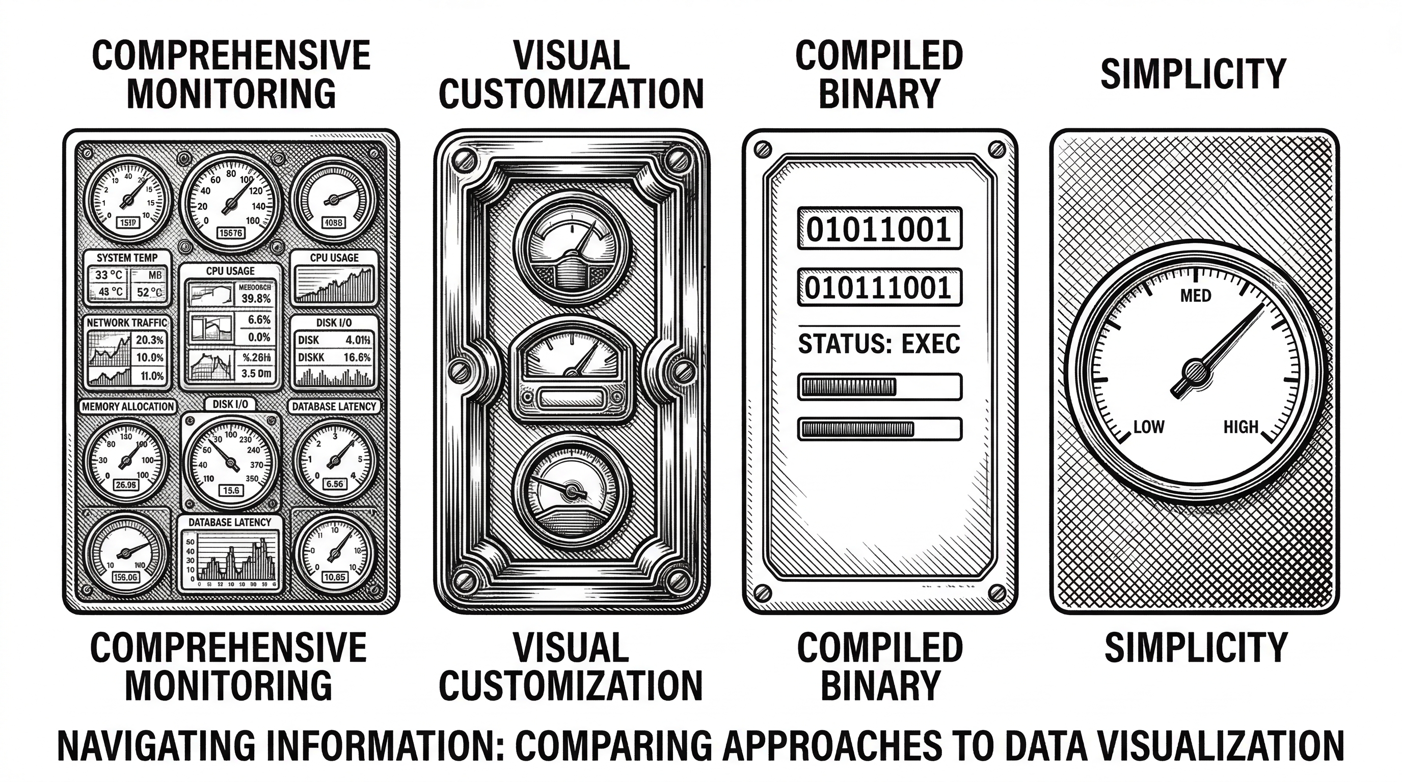 Four instrument panels side by side. The first is richly detailed with many gauges and displays. The second has decorative chrome bezels. The third is minimal and precise. The fourth has a single dial. Labels below each read Claude HUD and ccstatusline and CCometixLine and claude-statusline.