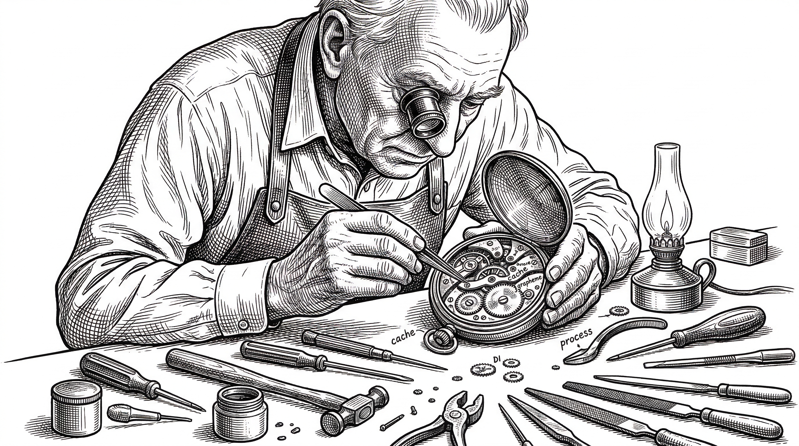 A watchmaker at a workbench with a magnifying loupe examining the tiny gears inside an open pocket watch. Each gear is labeled with a tiny tag: cache, DI, grapheme, process. Tools and files surround the bench.