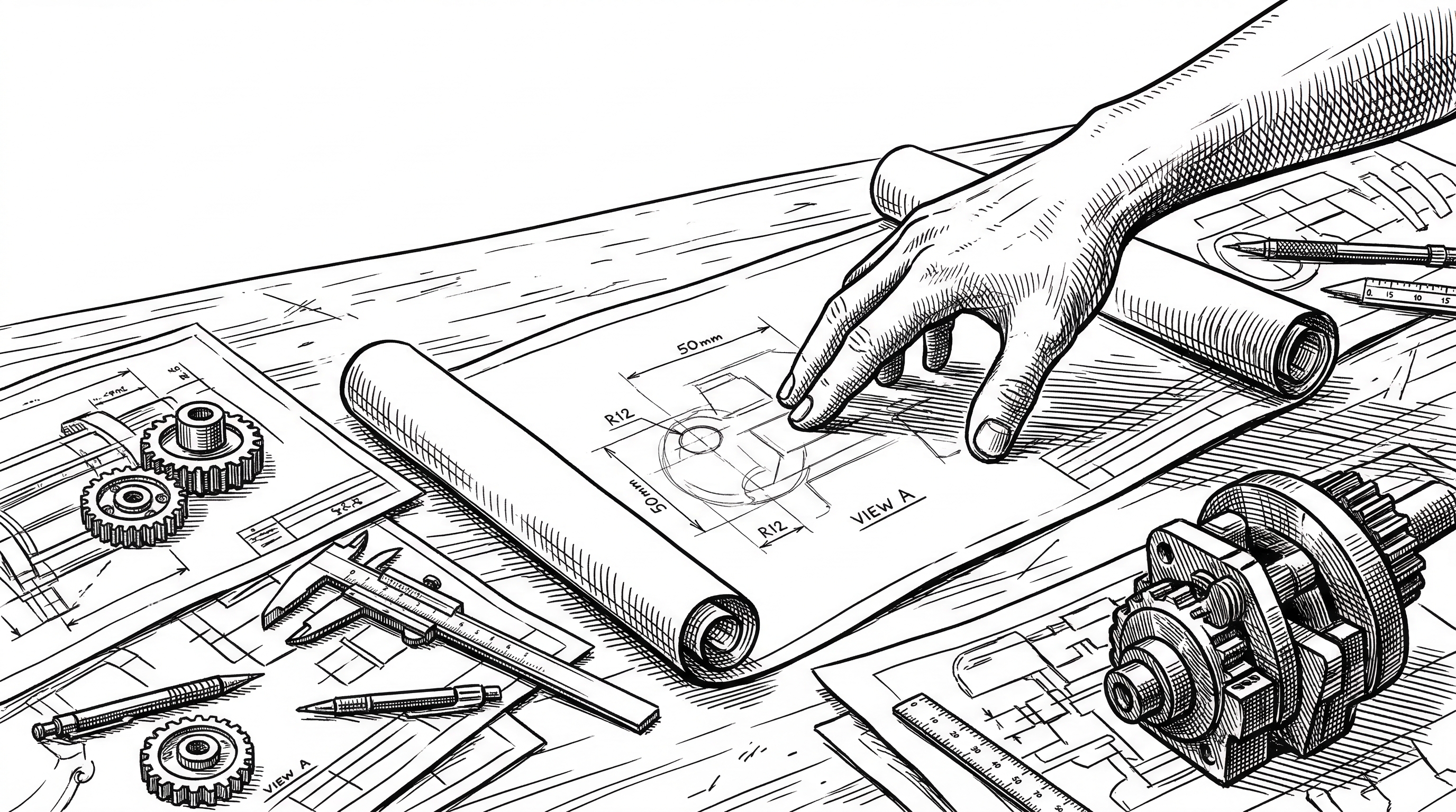 A workshop table with blueprints spread out showing planned instrument designs. Some instruments are fully built and polished while others are sketched outlines with measurement annotations. A hand reaches for the next blueprint.