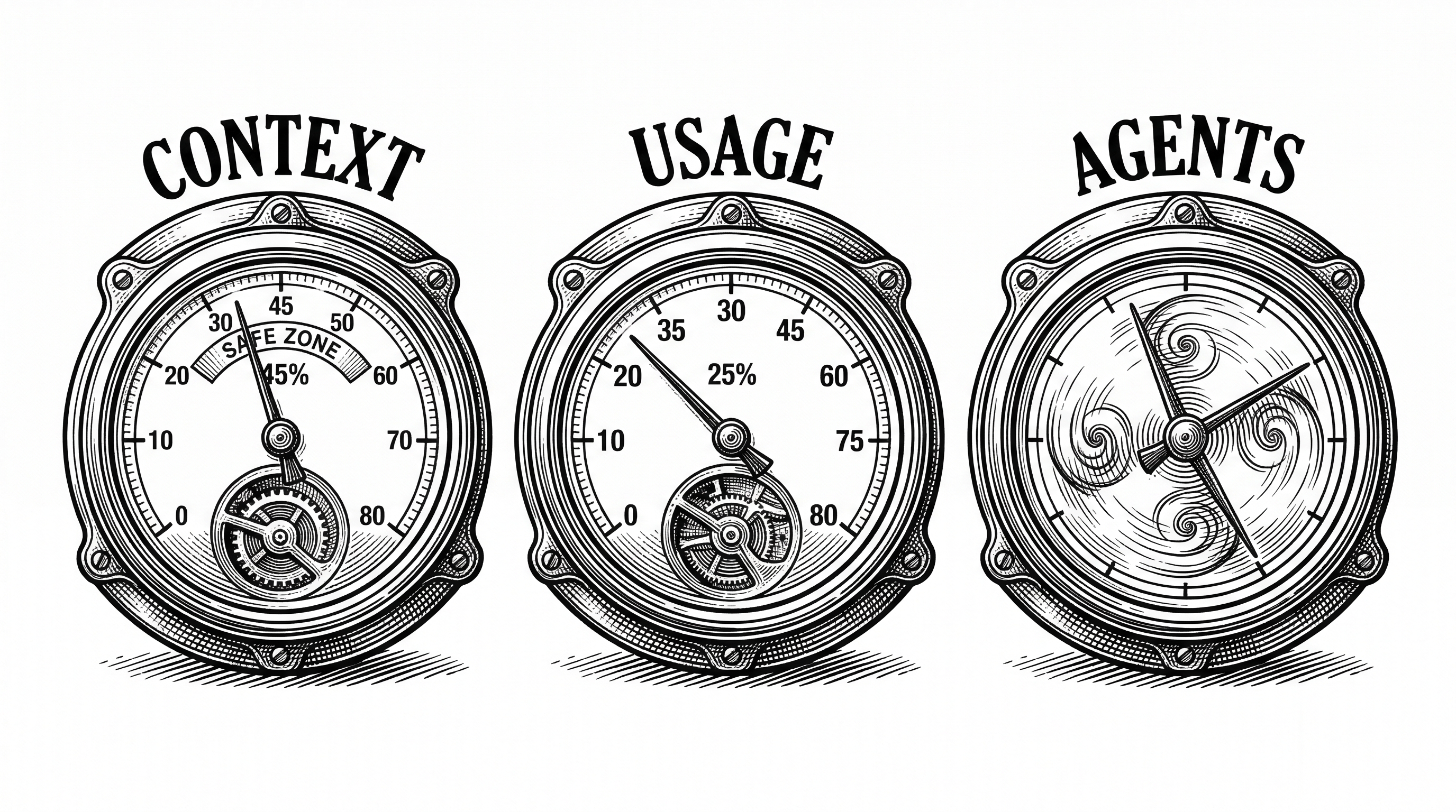 Three instrument gauges arranged side by side. The first labeled Context shows a needle at 45 percent in the green zone. The second labeled Usage shows a needle at 25 percent. The third labeled Agents shows two spinning indicators. Clean crosshatched mechanical style.