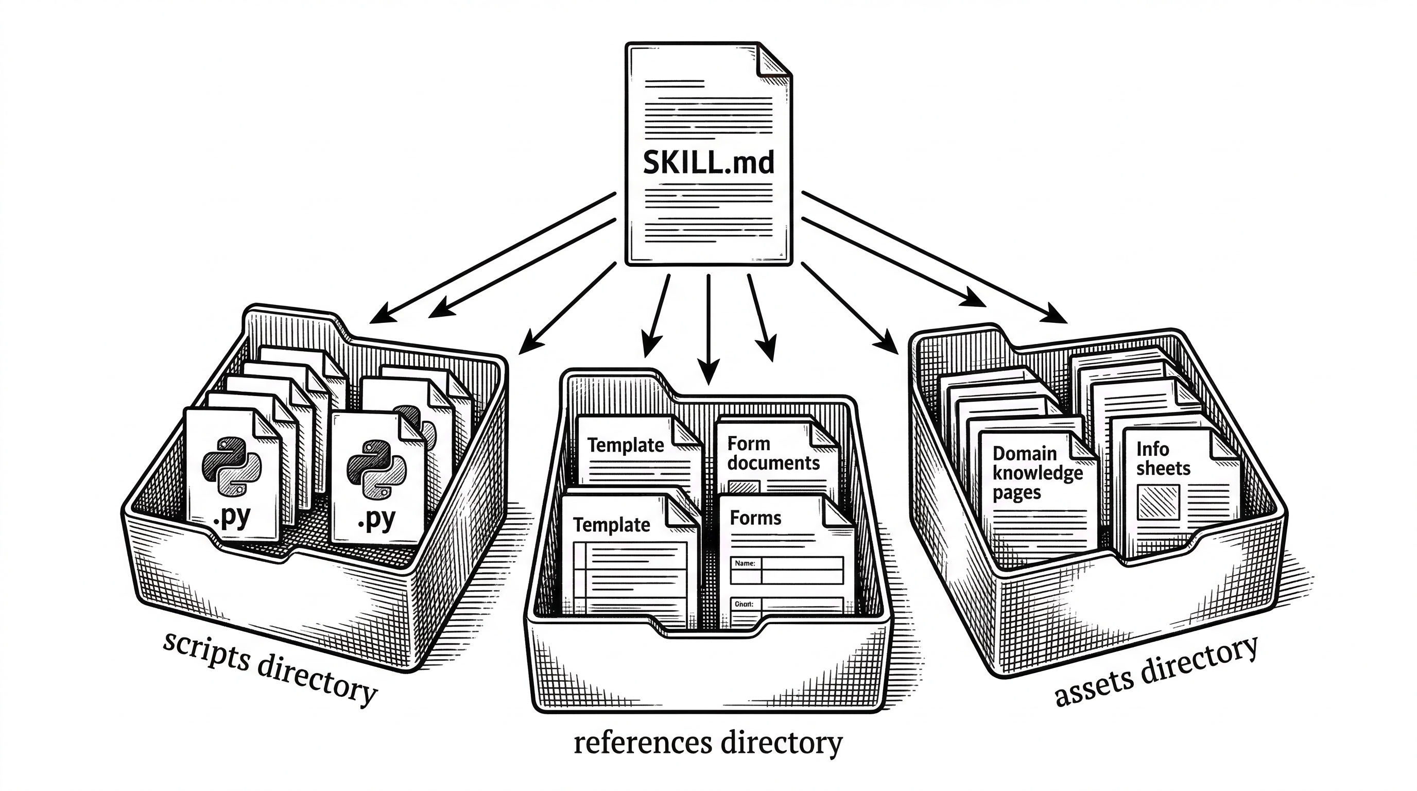 An exploded view of a skill folder showing SKILL.md as a central document with arrows pointing to scripts directory containing Python files, references directory containing templates, and assets directory containing domain knowledge. Each component is clearly labeled and connected.