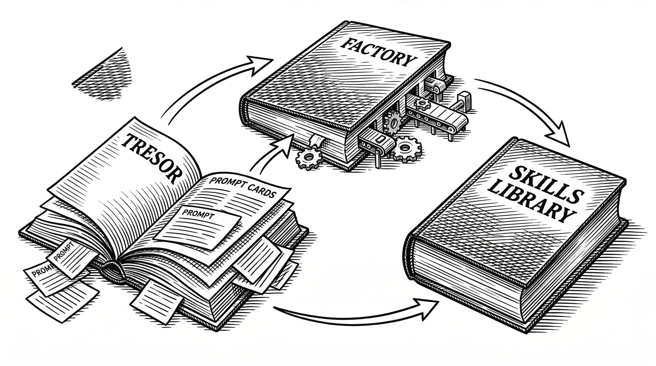 Three interconnected books arranged in a triangle formation. One labeled Tresor with prompt cards spilling out, one labeled Factory with gears and assembly lines, and one labeled Skills Library as a thick reference volume. Arrows show the relationship between creation, manufacturing, and distribution.