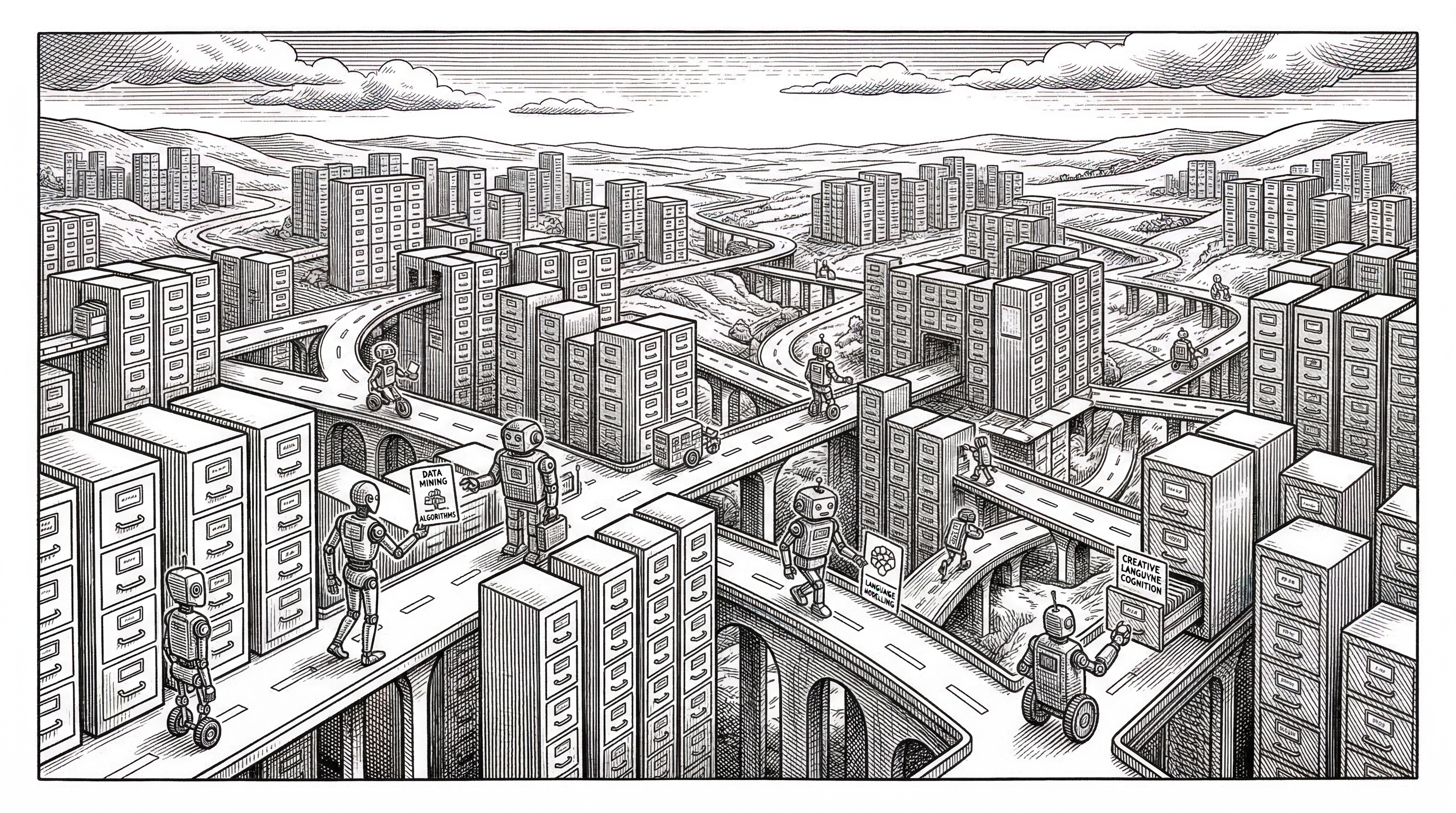 A wide landscape showing a network of filing cabinets connected by roads, with different AI agent robots traveling between them exchanging skill cards. The scene conveys a thriving marketplace of portable knowledge. Distant hills suggest growth and scale.