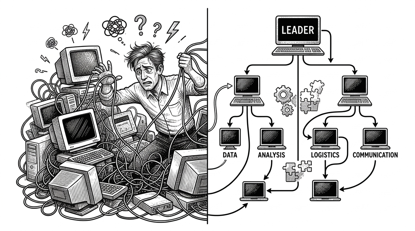 Split composition. Left side shows chaotic pile of isolated agent terminals with tangled wires and a frustrated human figure in the center trying to coordinate. Right side shows clean organized branching structure with one leader terminal at the root and smooth information flow between orderly agent nodes. Black ink crosshatching on pure white background.