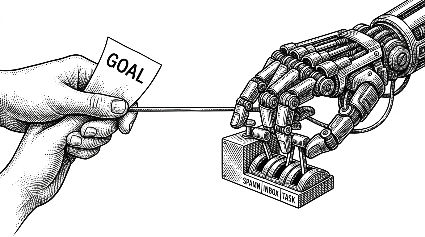 Close-up of two hands connected by a taut wire. The left hand is clearly human and labeled 'goal'. The right is a detailed mechanical LLM hand pulling levers labeled spawn, inbox, task, and board. The mechanical hand dominates the frame. Black ink crosshatching on pure white background.