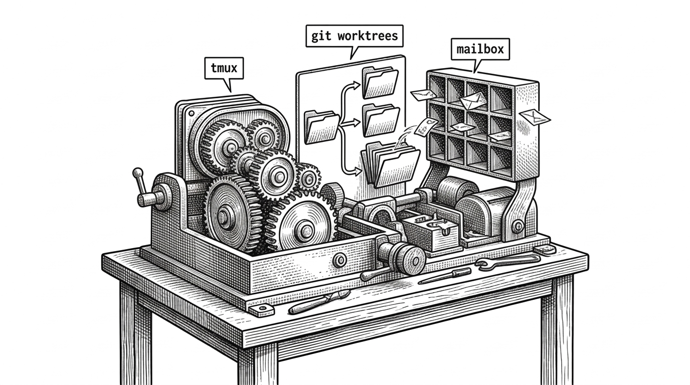 A clean mechanical machine on a simple wooden Unix workbench. Interlocking gears labeled tmux, branching file folders with isolation barriers labeled git worktrees, and pigeonhole slots with flying messages labeled mailbox all operate together smoothly. Black ink crosshatching on pure white background.