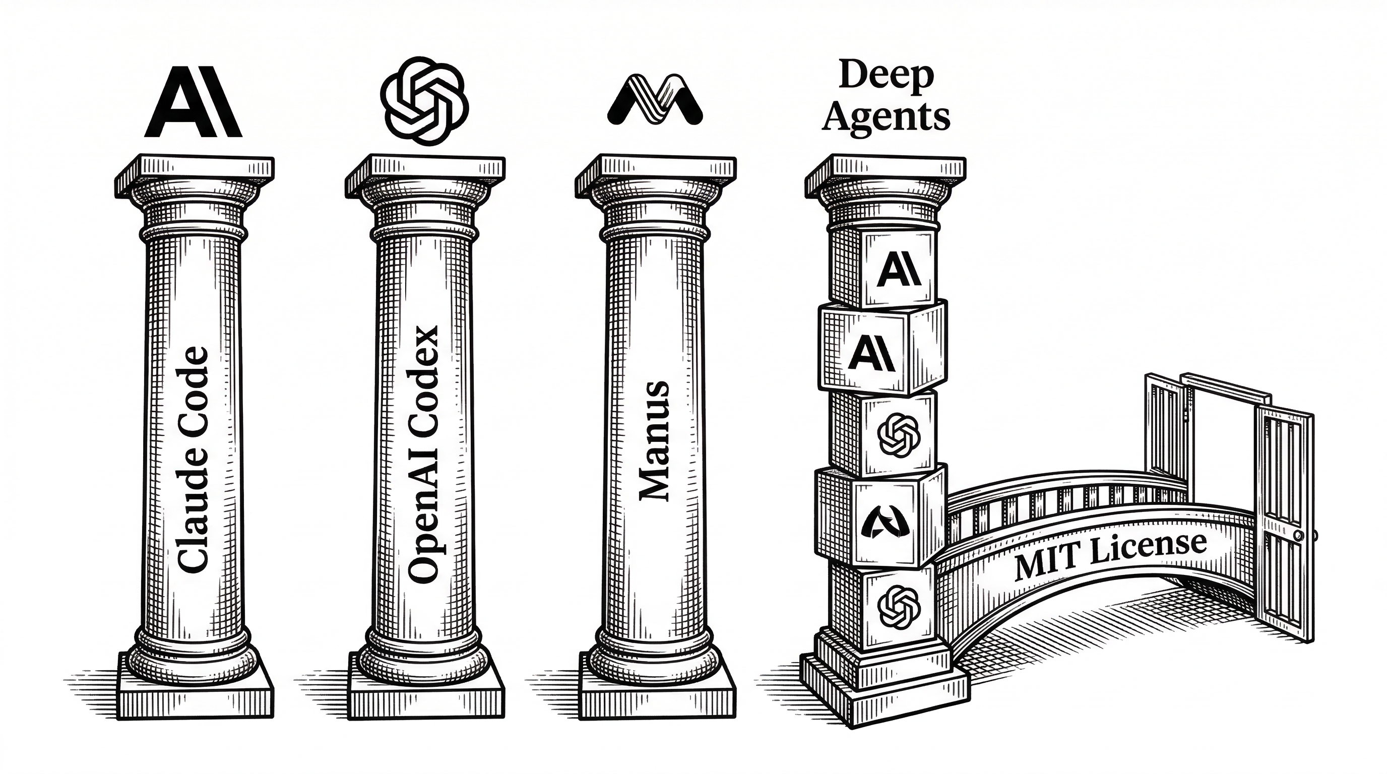 Four tall pillars labeled Claude Code, OpenAI Codex, Manus, and Deep Agents. The first three are single solid columns locked to their respective logos. The fourth pillar is modular, built from interchangeable blocks labeled with different provider logos. A bridge labeled MIT License connects the fourth pillar to an open gateway.