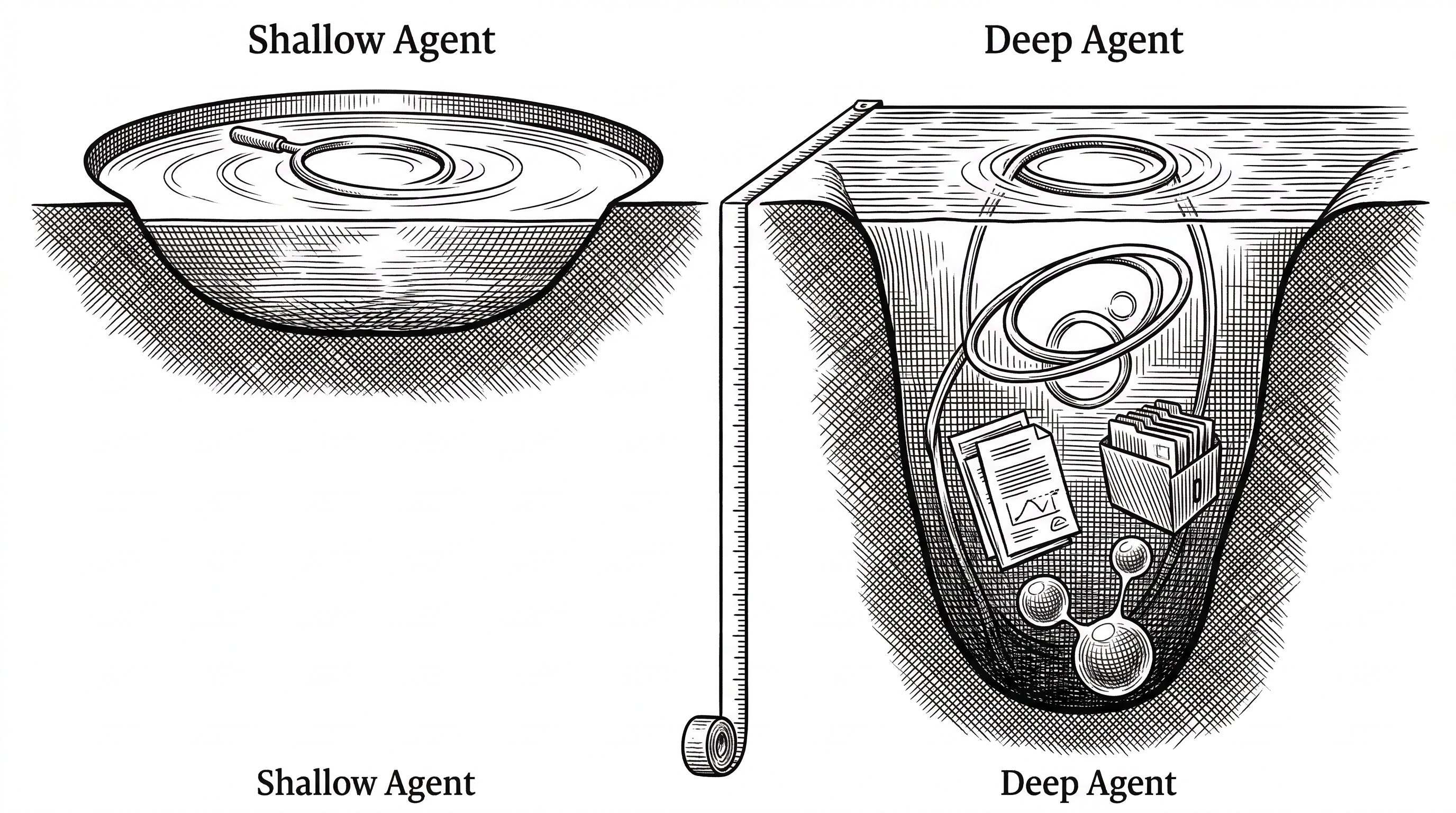 Two side-by-side cross-section views. On the left, a shallow pool labeled Shallow Agent with a single tool-calling loop spinning on the surface. On the right, a deep ocean trench labeled Deep Agent with nested loops, planning documents, file archives, and subagent bubbles extending into the depths. A measuring tape runs along the side showing the depth difference.
