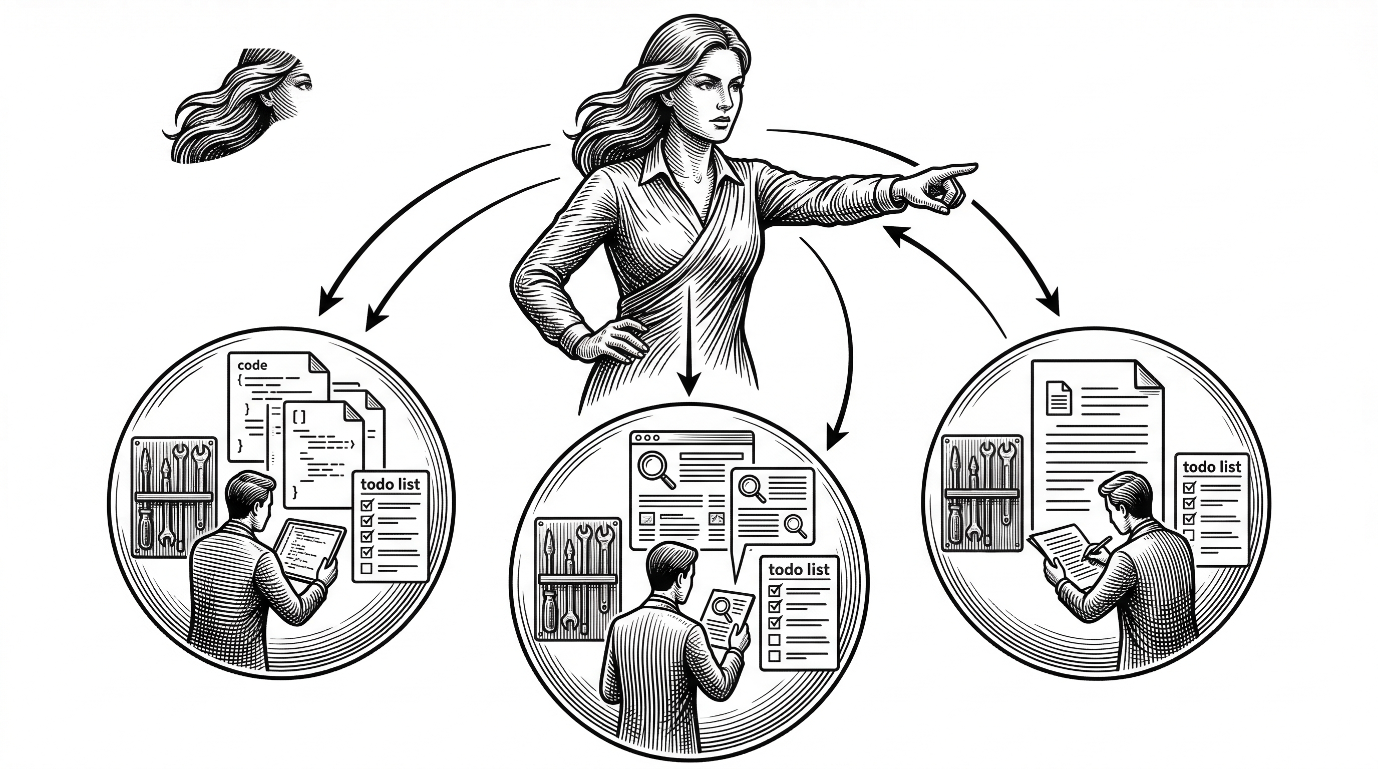 A large central agent figure delegates work to three smaller agent figures, each inside their own glass bubble with separate tool racks and todo lists. Arrows show results flowing back to the central agent. One bubble contains code files, another contains search results, a third contains a written document.