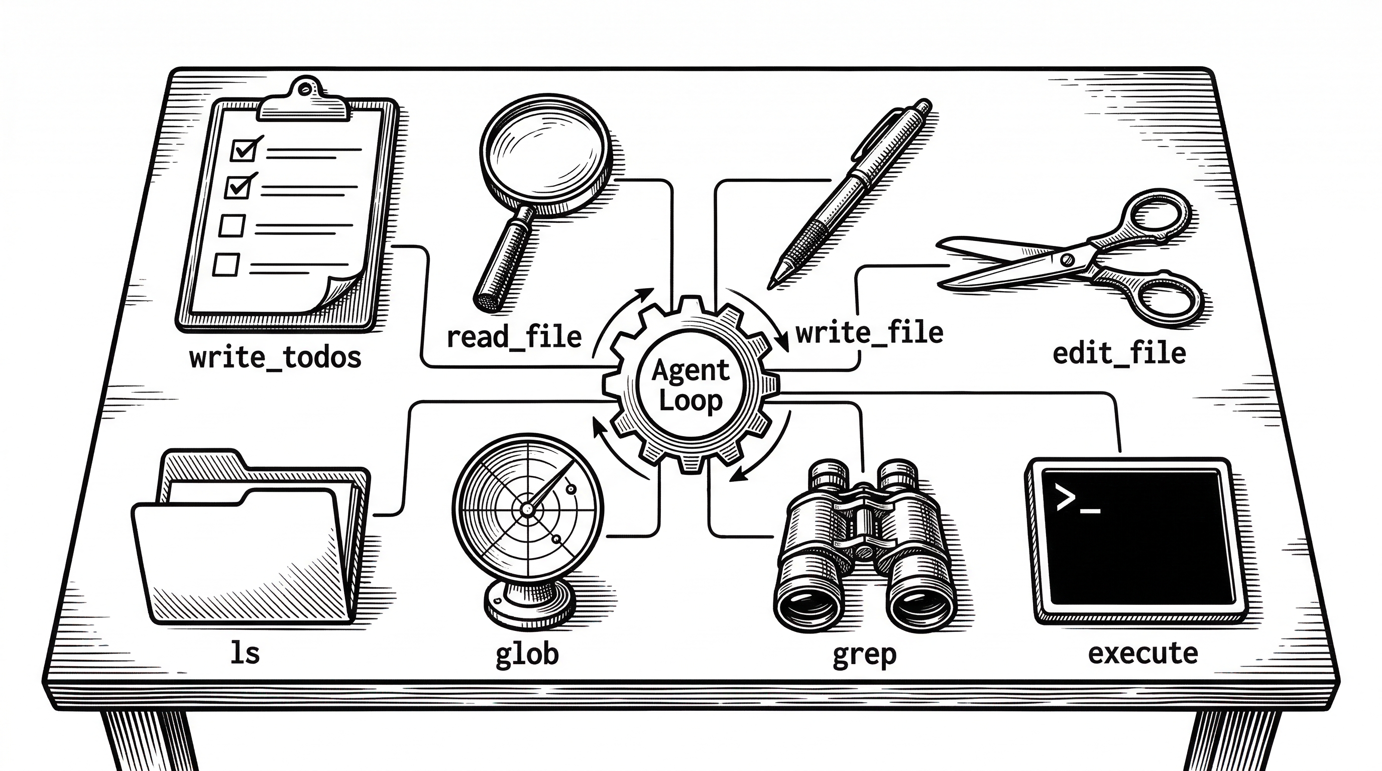 A workbench with eight labeled tools laid out in organized rows: a checklist (write_todos), a magnifying glass (read_file), a pen (write_file), scissors (edit_file), a folder (ls), a radar dish (glob), binoculars (grep), and a command terminal (execute). Each tool connects to a central spinning gear labeled Agent Loop.