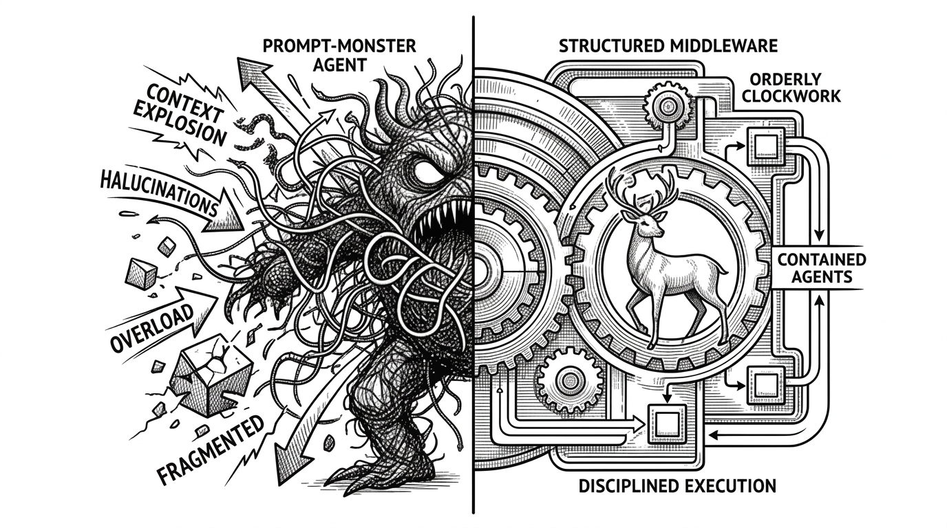 Split composition. Left side shows chaotic exploding context window with tangled prompts and failing agent. Right side shows clean ordered middleware harness with protected deer and orderly sub-agents. Clear visual contrast between the two approaches.