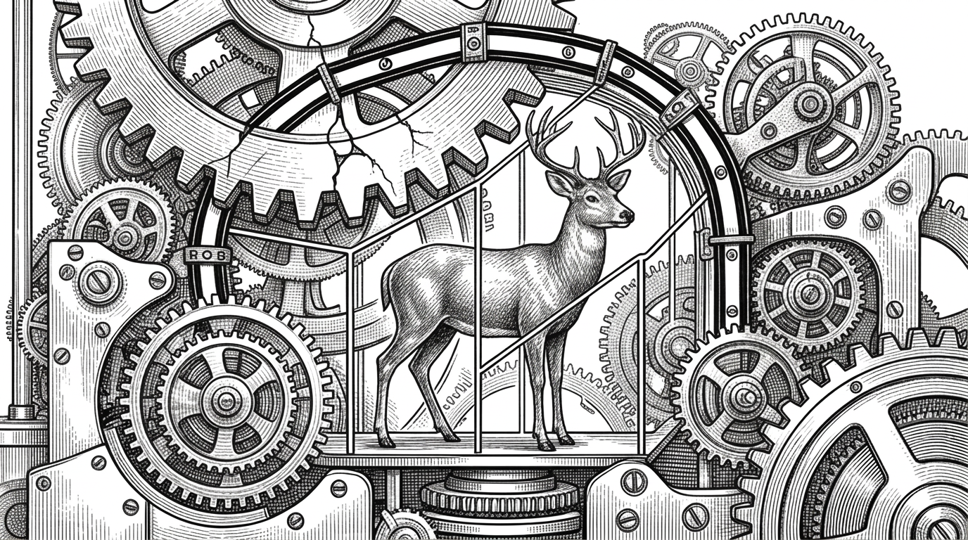 A deer standing calmly inside a complex but orderly clockwork mechanism. The deer is protected by thin but strong firewall-like lines while multiple smaller geared sub-assemblies representing sub-agents turn independently. One large gear tooth is cracked but contained by a middleware-style barrier. Black ink crosshatching on pure white background.