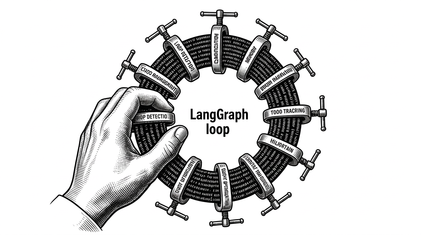 Two hands tightening nine distinct clamps around a pulsing ring of code representing the LangGraph loop. Each clamp is labeled with a middleware responsibility such as loop detection, memory management, or error handling. Black ink crosshatching on pure white background.