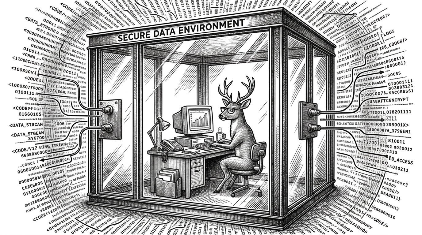 A glass-walled secure room containing a miniature office desk with computer, files, and a small deer working at the desk. Outside the glass, chaotic swirling code and data streams cannot enter. Clear connection points for data flow. Black ink crosshatching on pure white background.