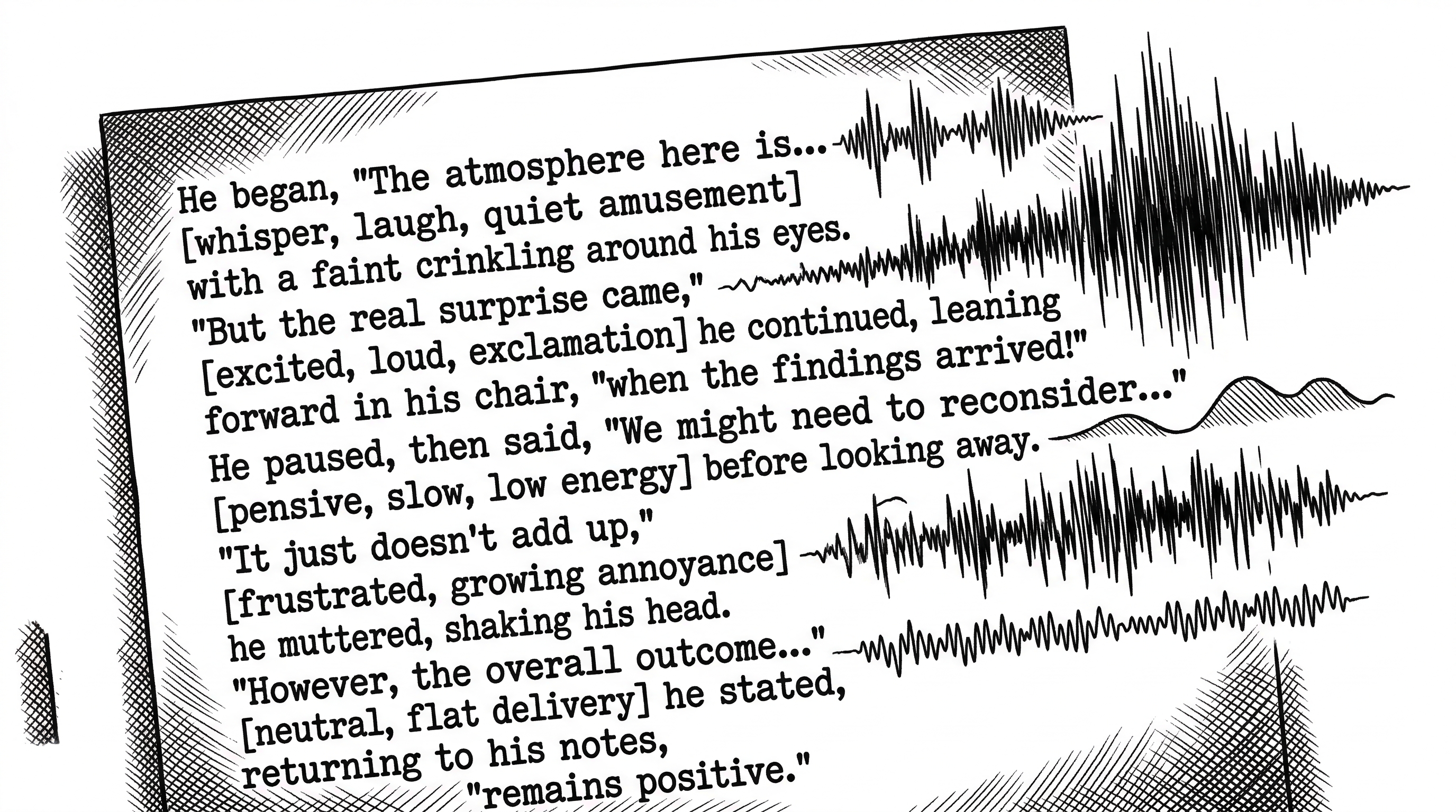 A sheet of handwritten text with colorful inline annotations. Brackets around words contain natural language emotion instructions like whisper and laugh. Waveforms emanating from each annotated section show visibly different patterns representing different emotional qualities.
